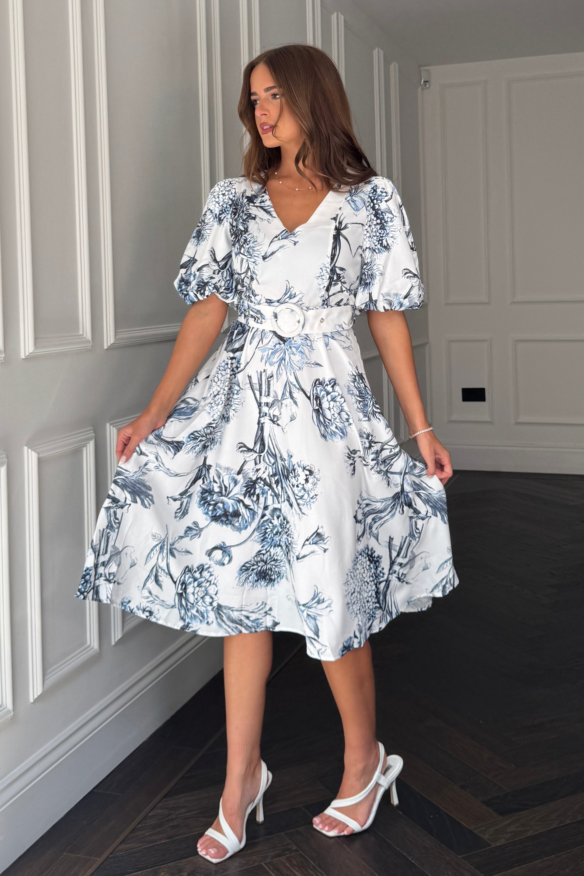 Bryn V Neck Puff Sleeve Belted Midi Dress Blue Floral
