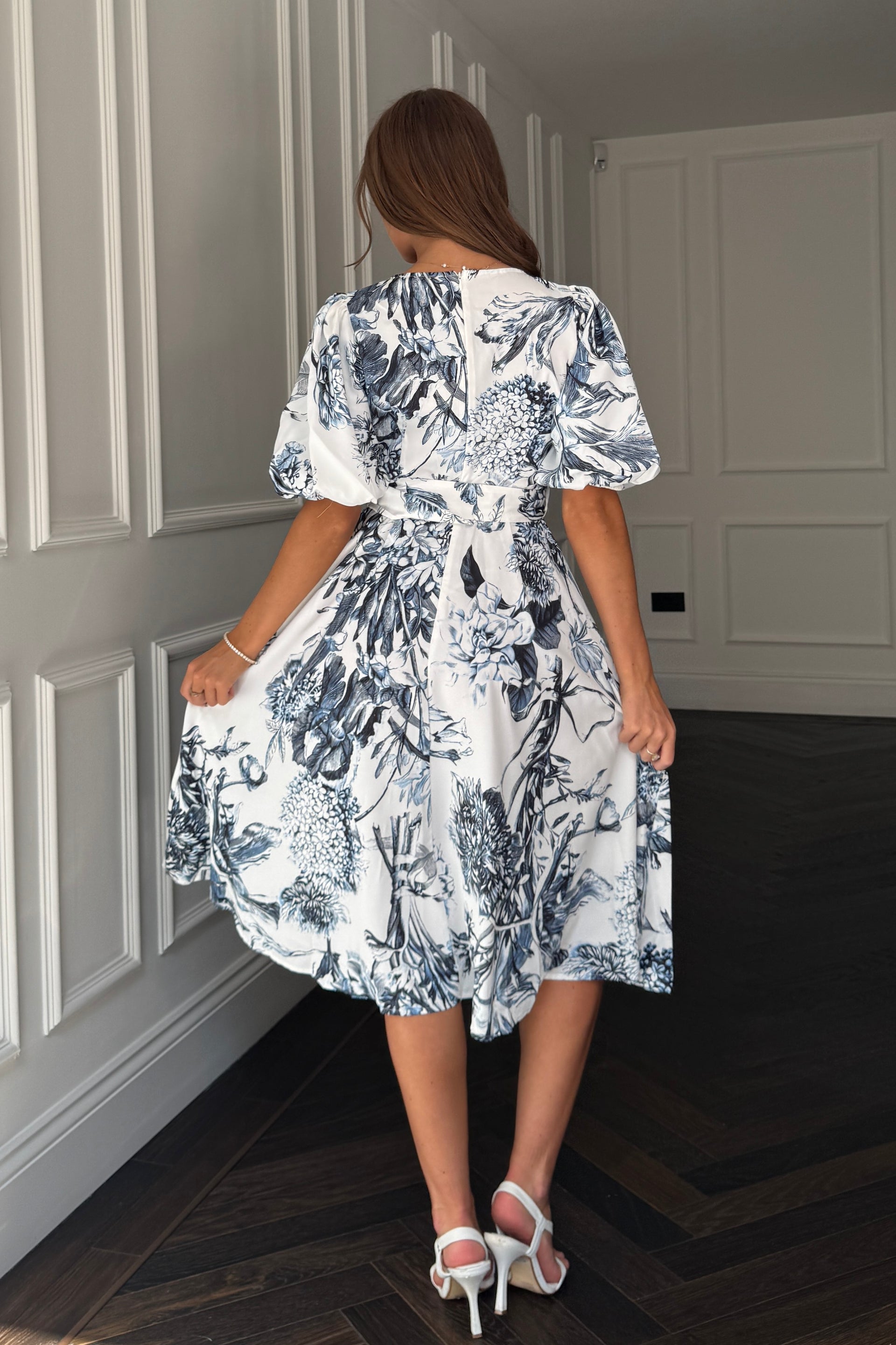 Bryn V Neck Puff Sleeve Belted Midi Dress Blue Floral