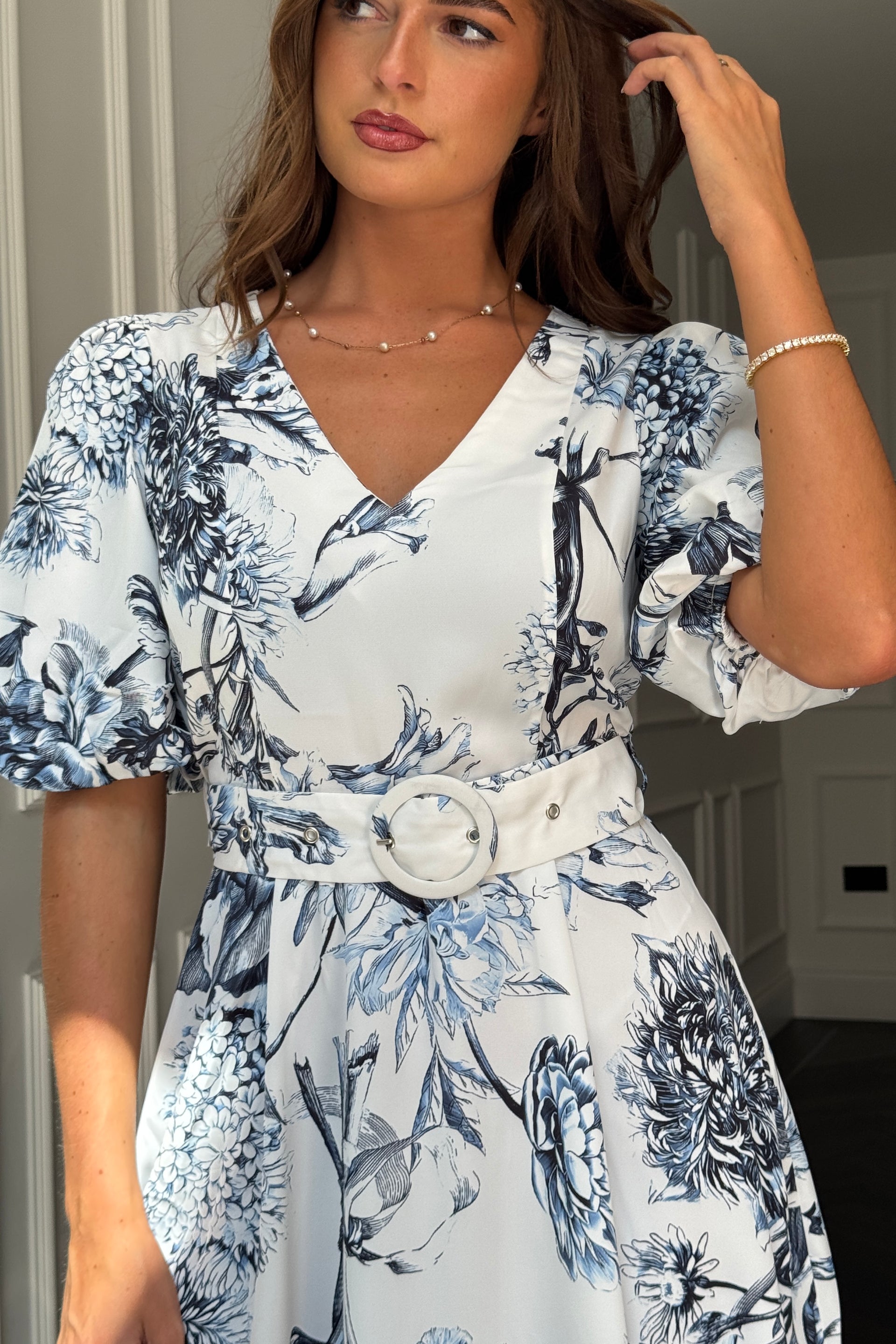Bryn V Neck Puff Sleeve Belted Midi Dress Blue Floral