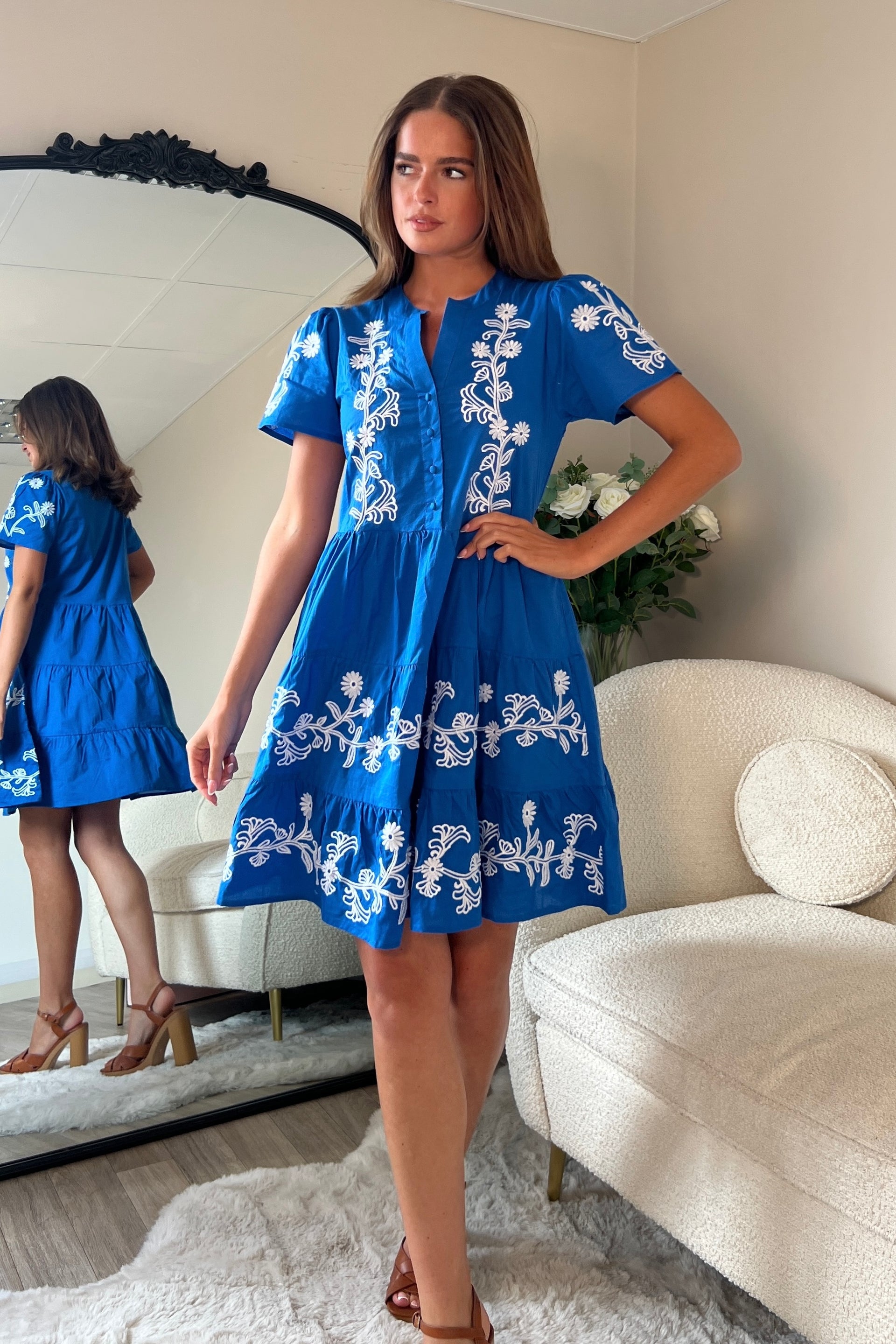 Loren Floral Embroidery Cotton Mini Smock Dress Blue