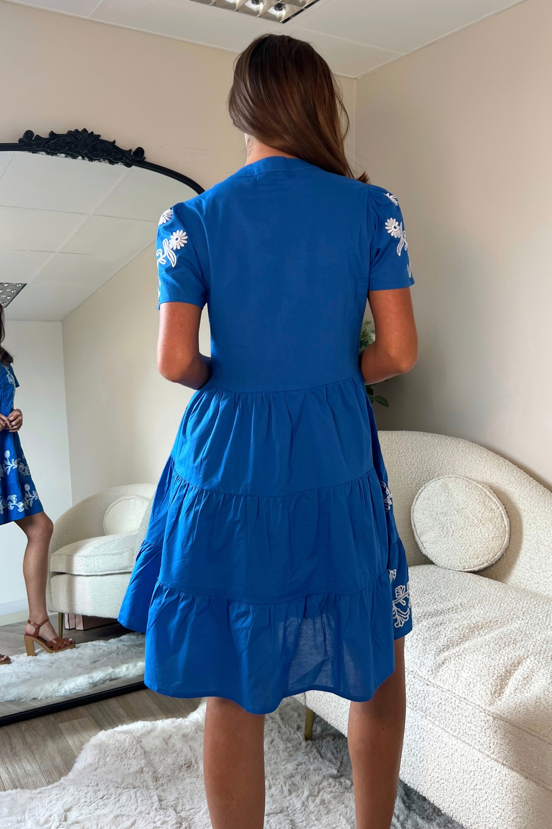 Loren Floral Embroidery Cotton Mini Smock Dress Blue