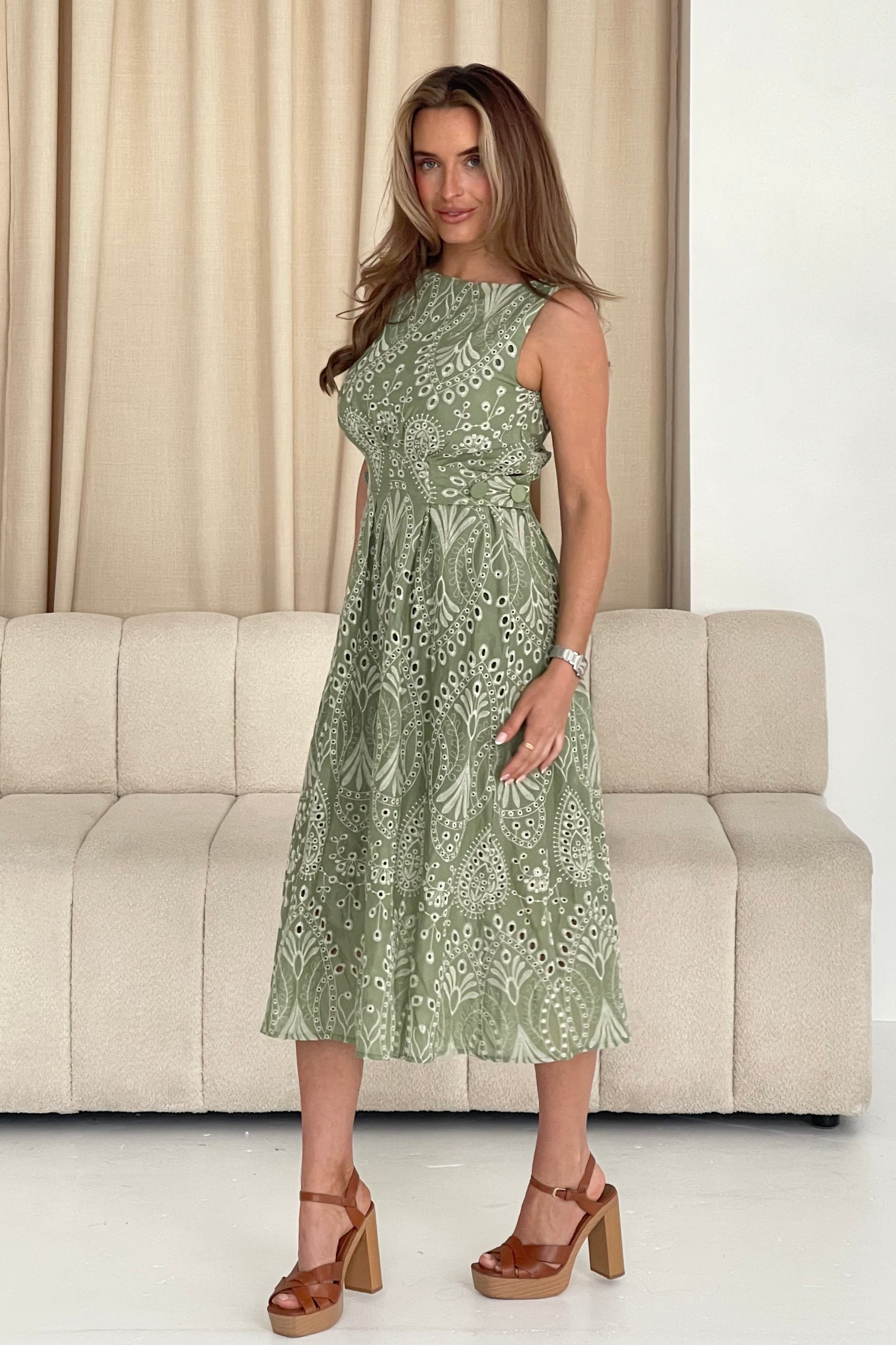 Monroe Adjustable Waist Midi Sundress In Green Broidery