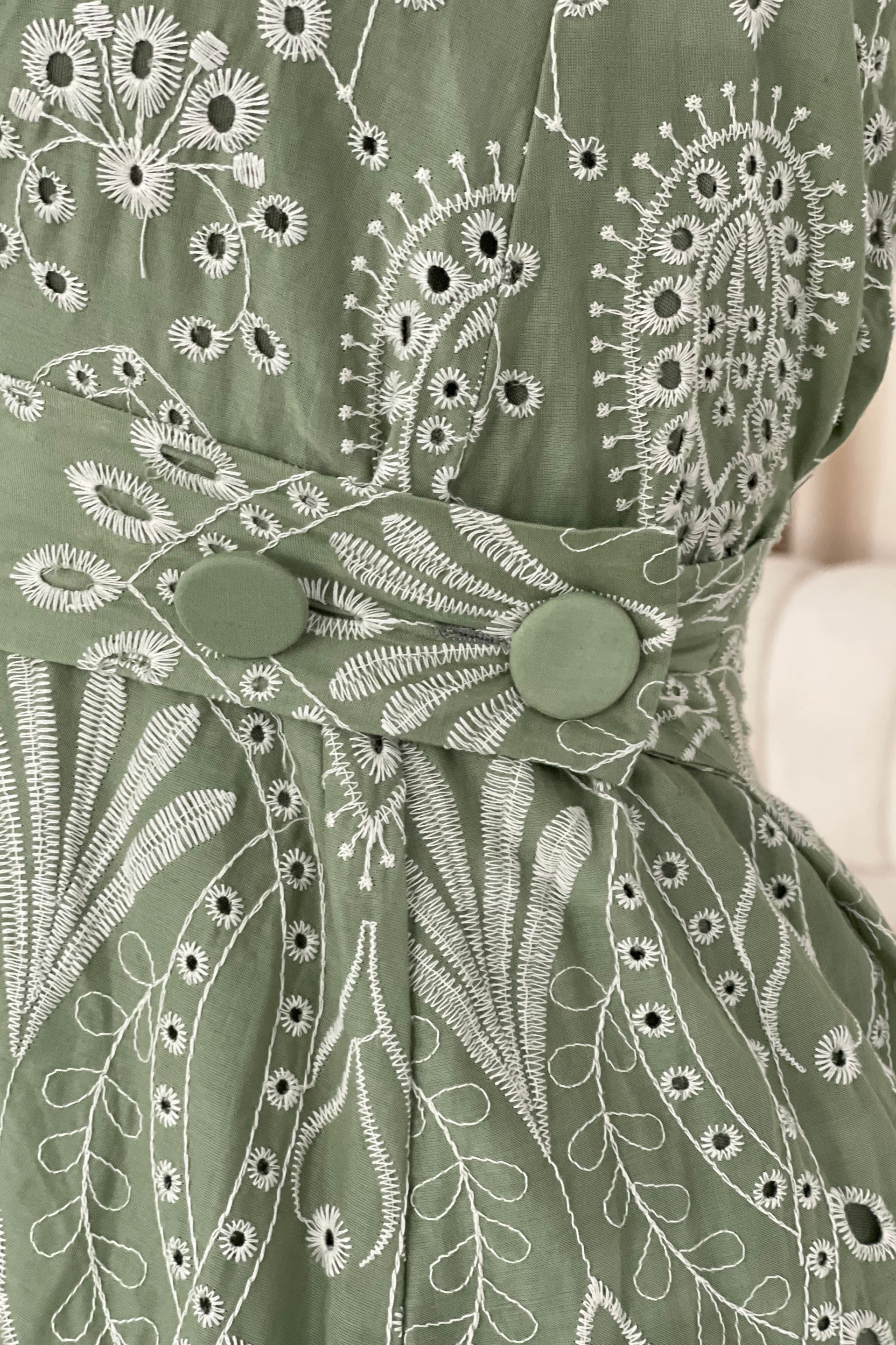 Monroe Adjustable Waist Midi Sundress In Green Broidery