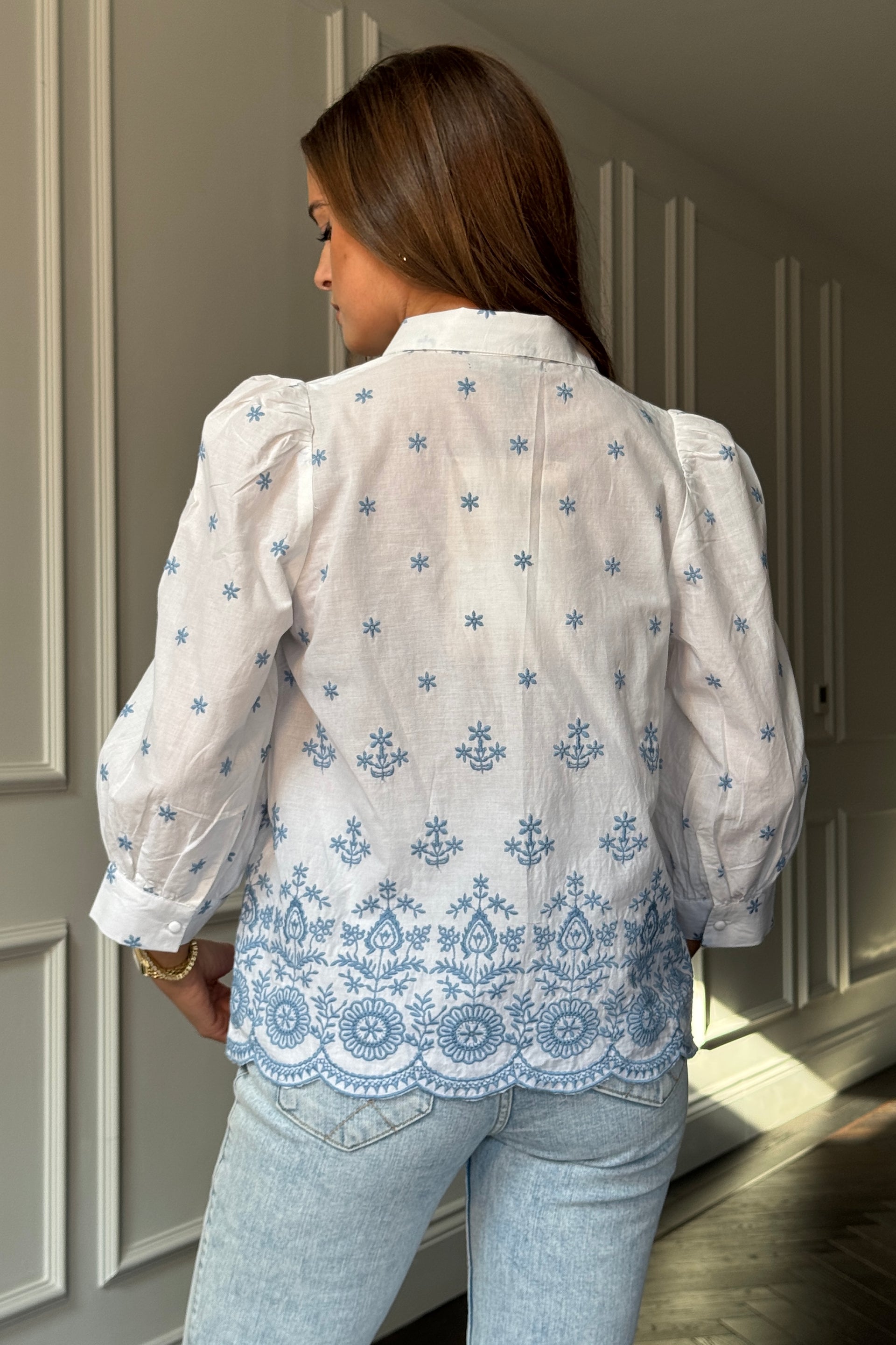 Stacy Blue Embroidery Puff Sleeve Cotton Shirt