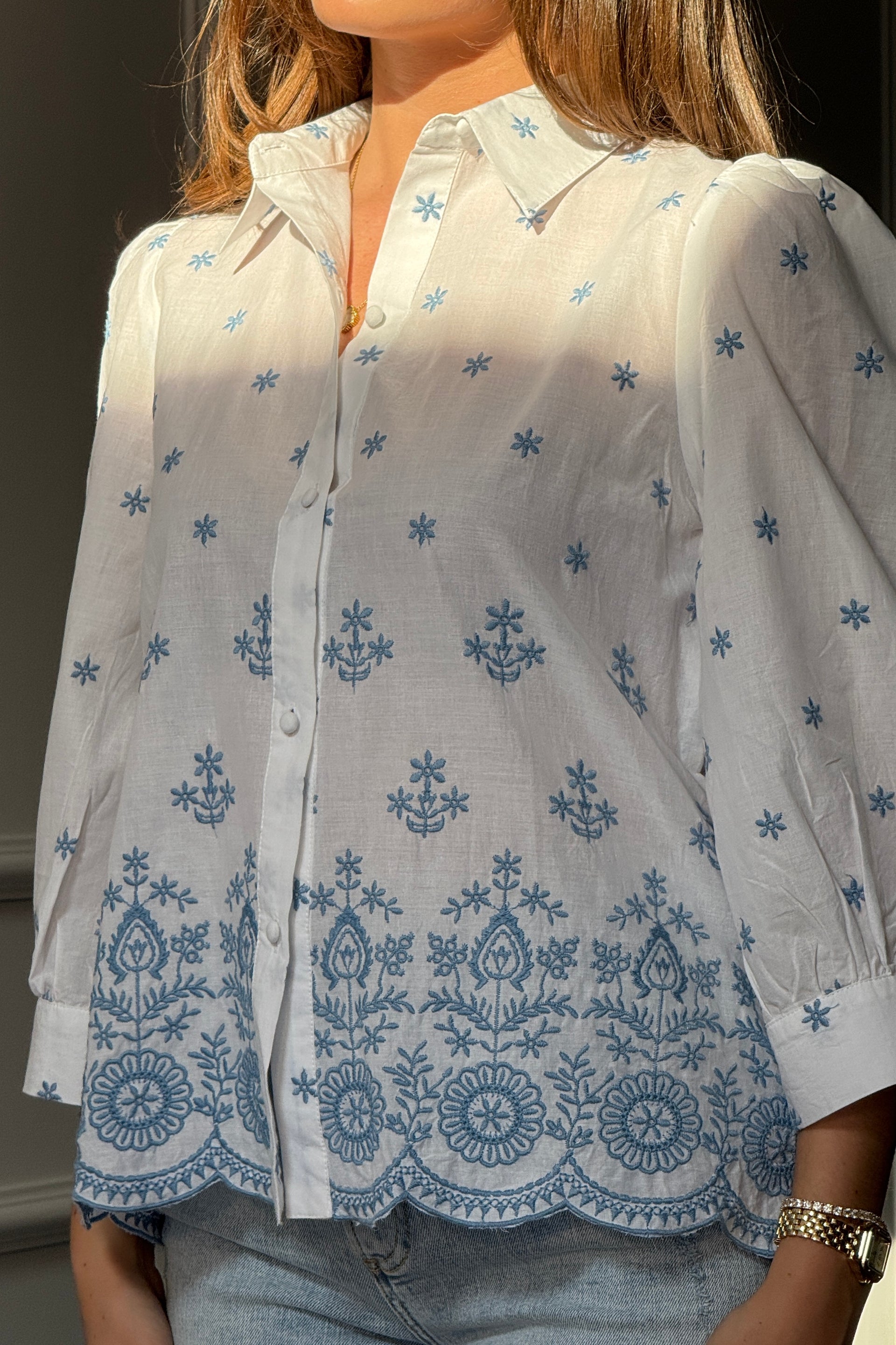 Stacy Blue Embroidery Puff Sleeve Cotton Shirt