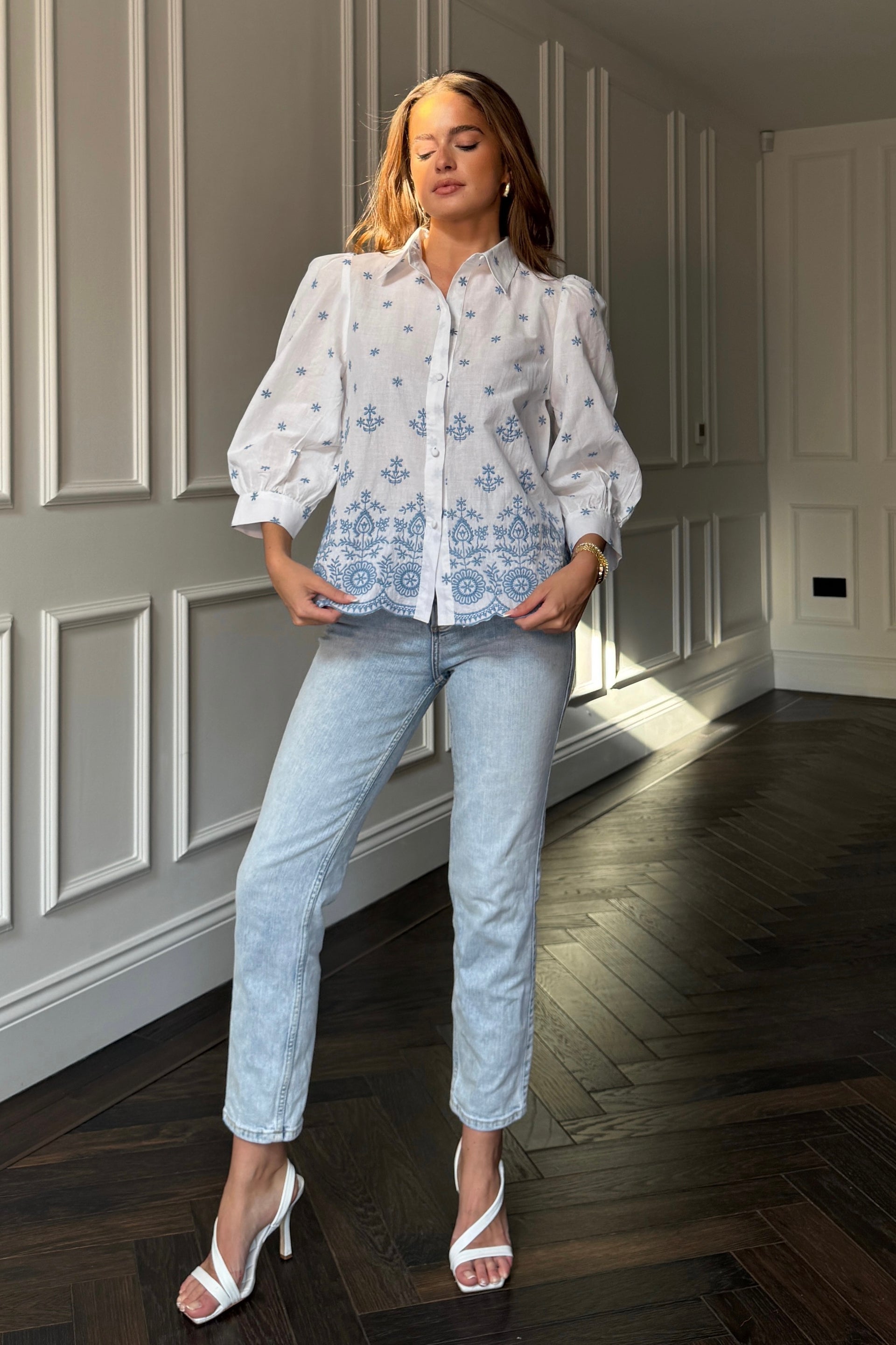 Stacy Blue Embroidery Puff Sleeve Cotton Shirt