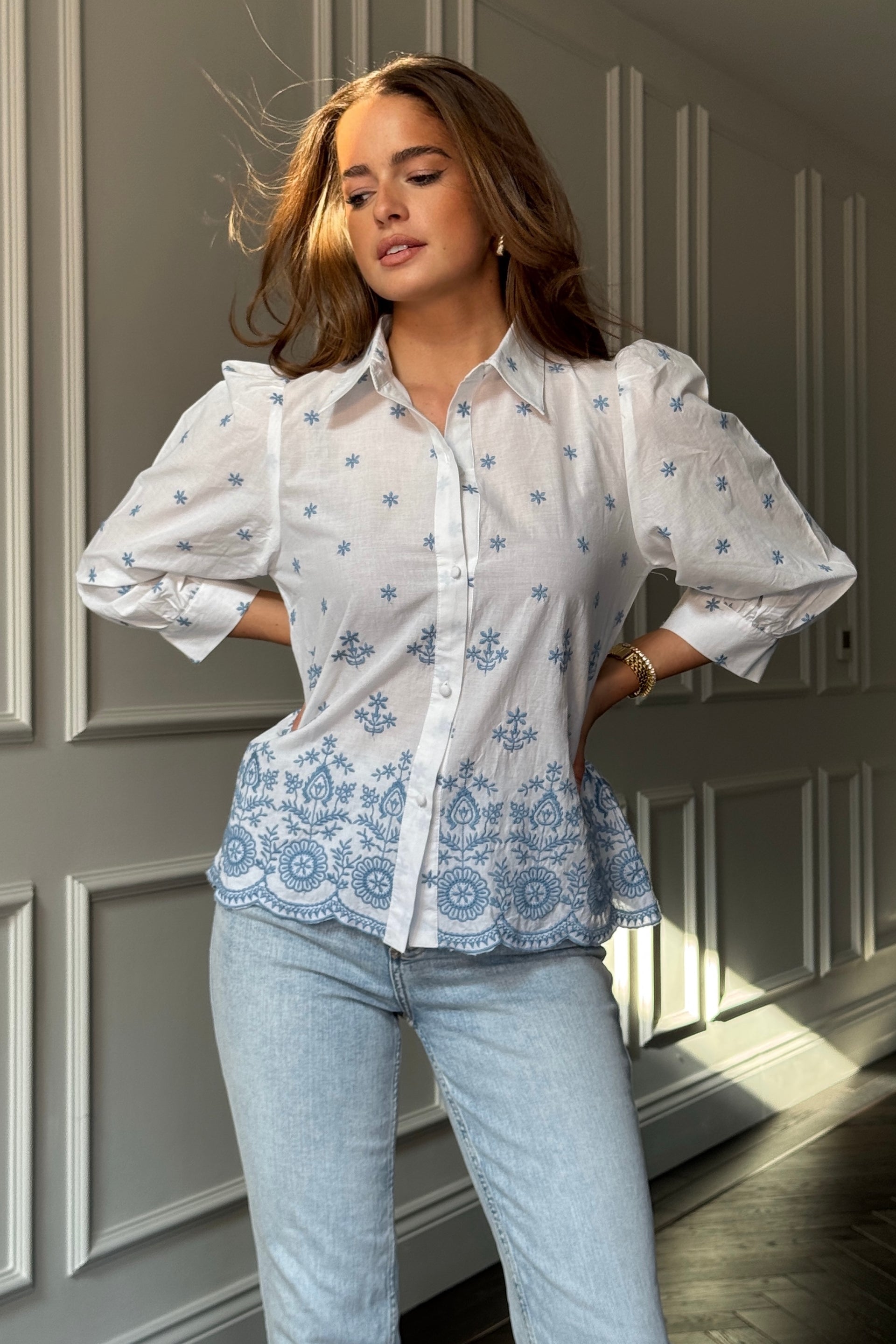 Stacy Blue Embroidery Puff Sleeve Cotton Shirt