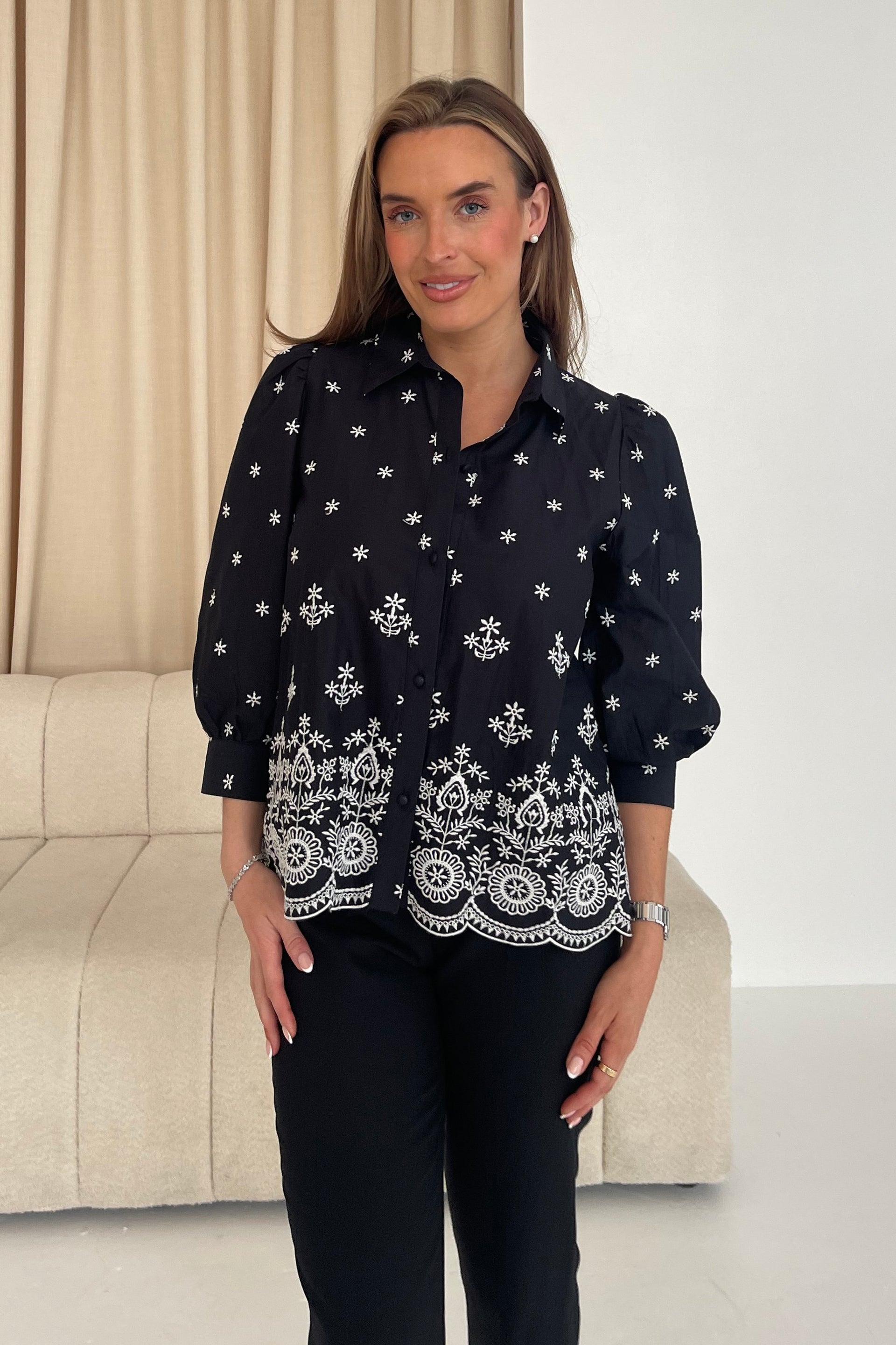 Stacy Black and White Embroidery Puff Sleeve Cotton Shirt