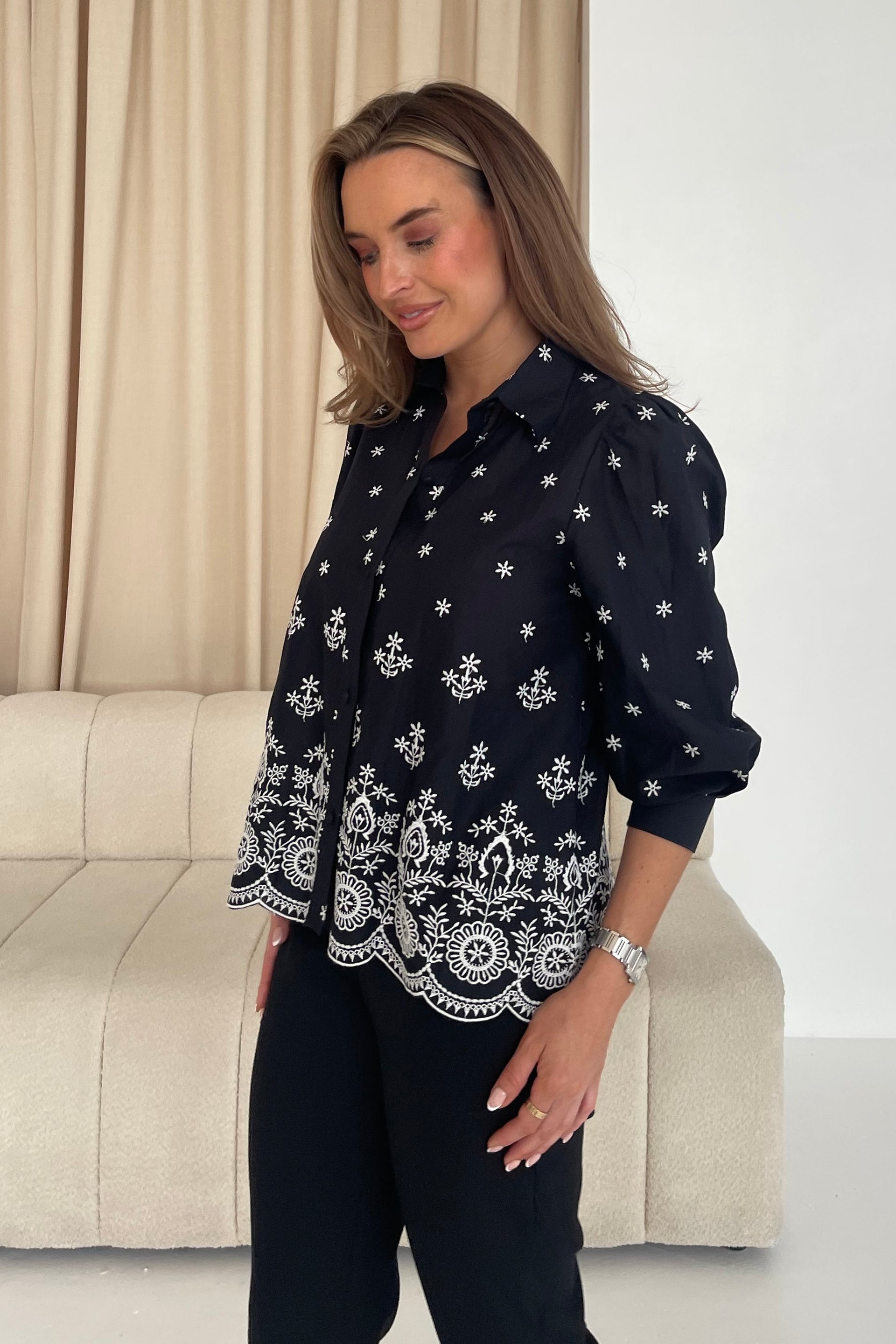 Stacy Black and White Embroidery Puff Sleeve Cotton Shirt