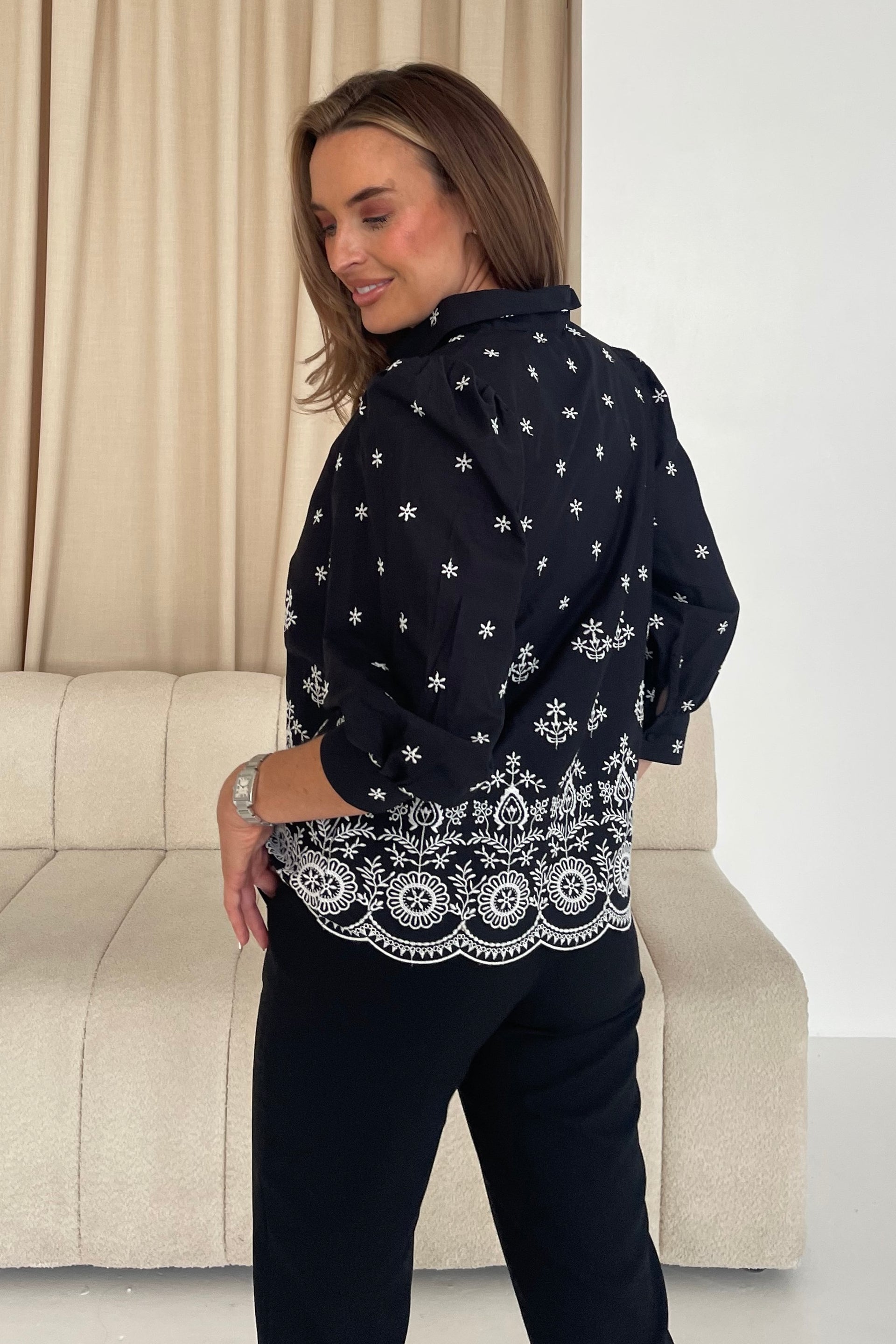 Stacy Black and White Embroidery Puff Sleeve Cotton Shirt
