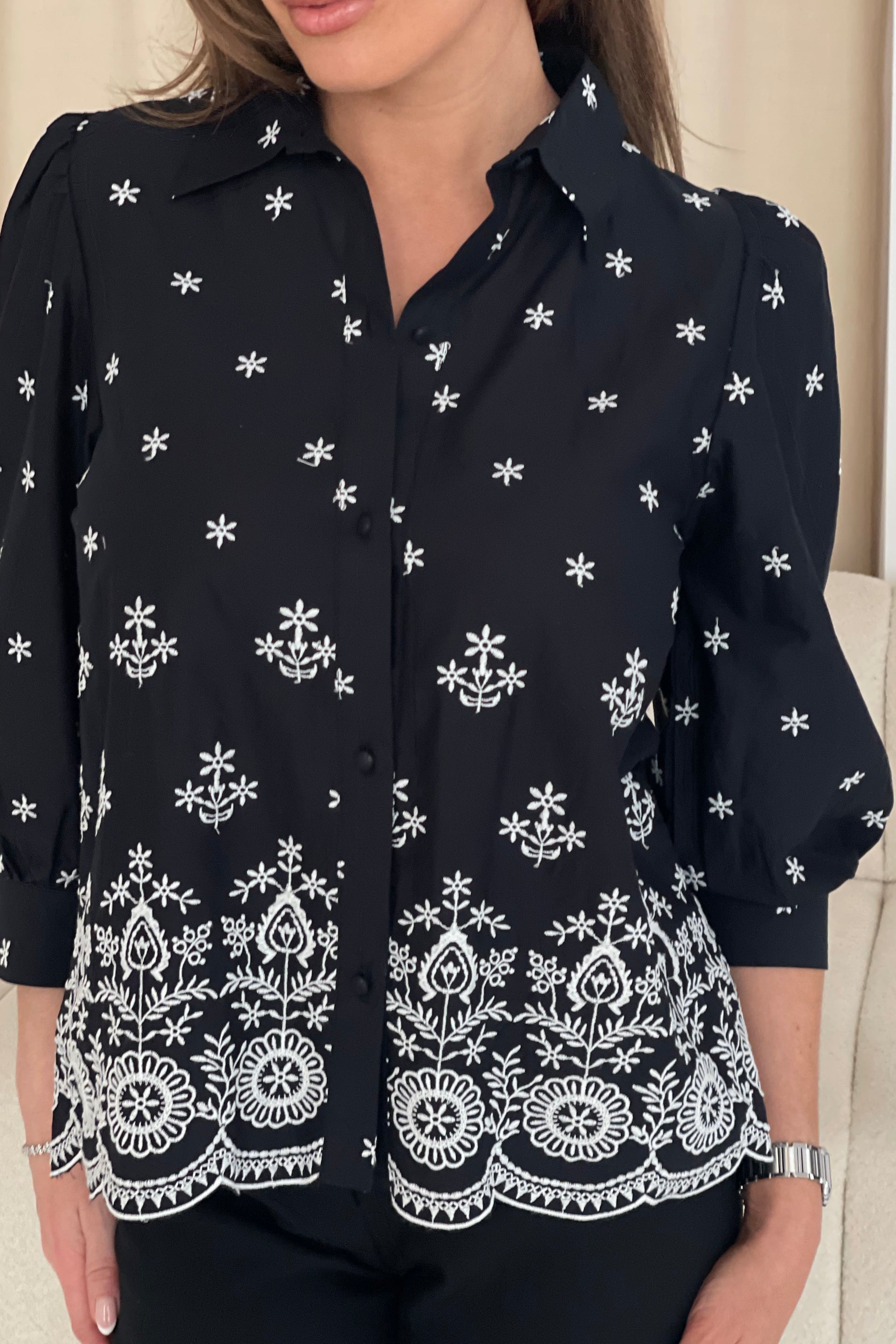 Stacy Black and White Embroidery Puff Sleeve Cotton Shirt