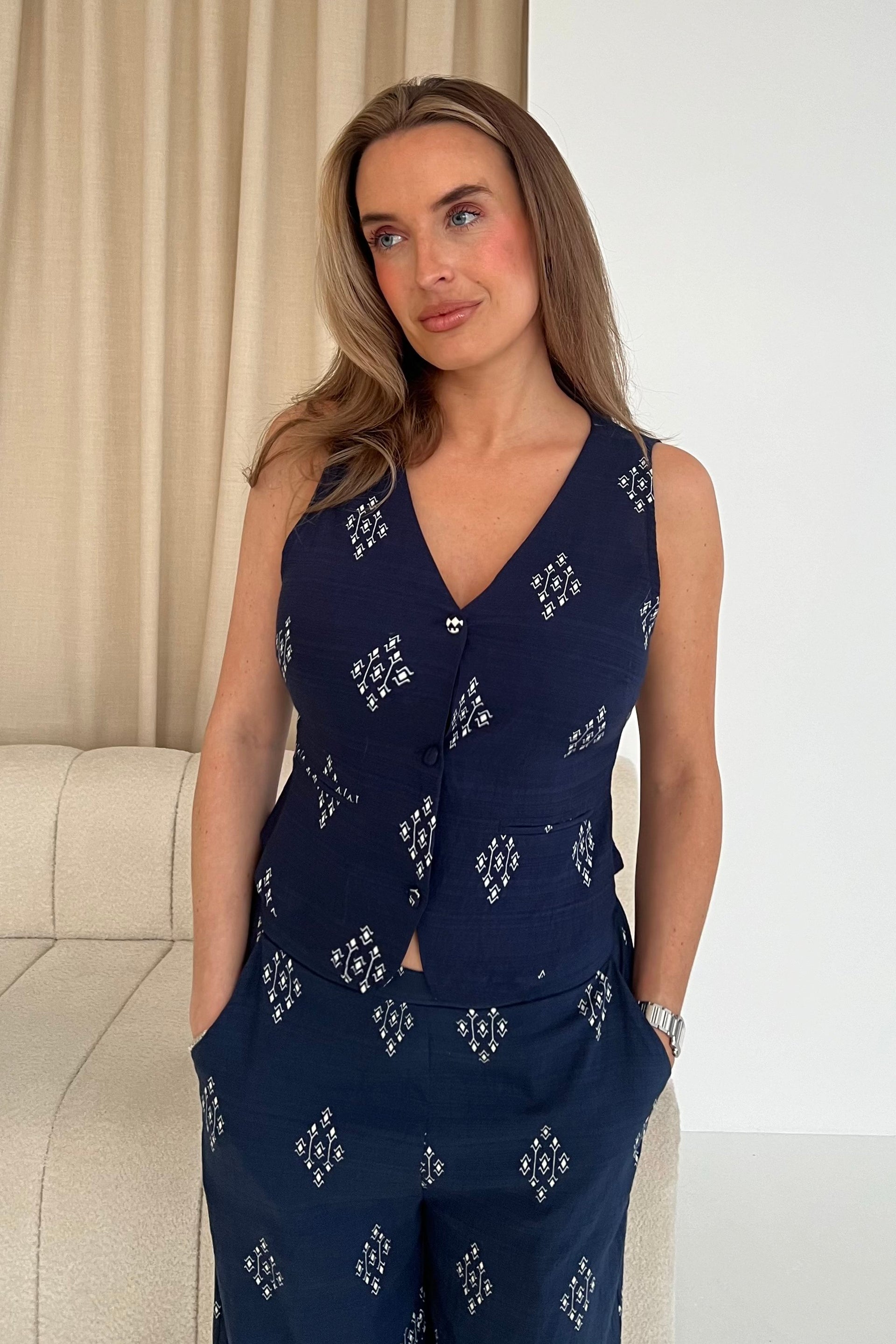 Cara Viscose Blend Printed Waistcoat In Navy