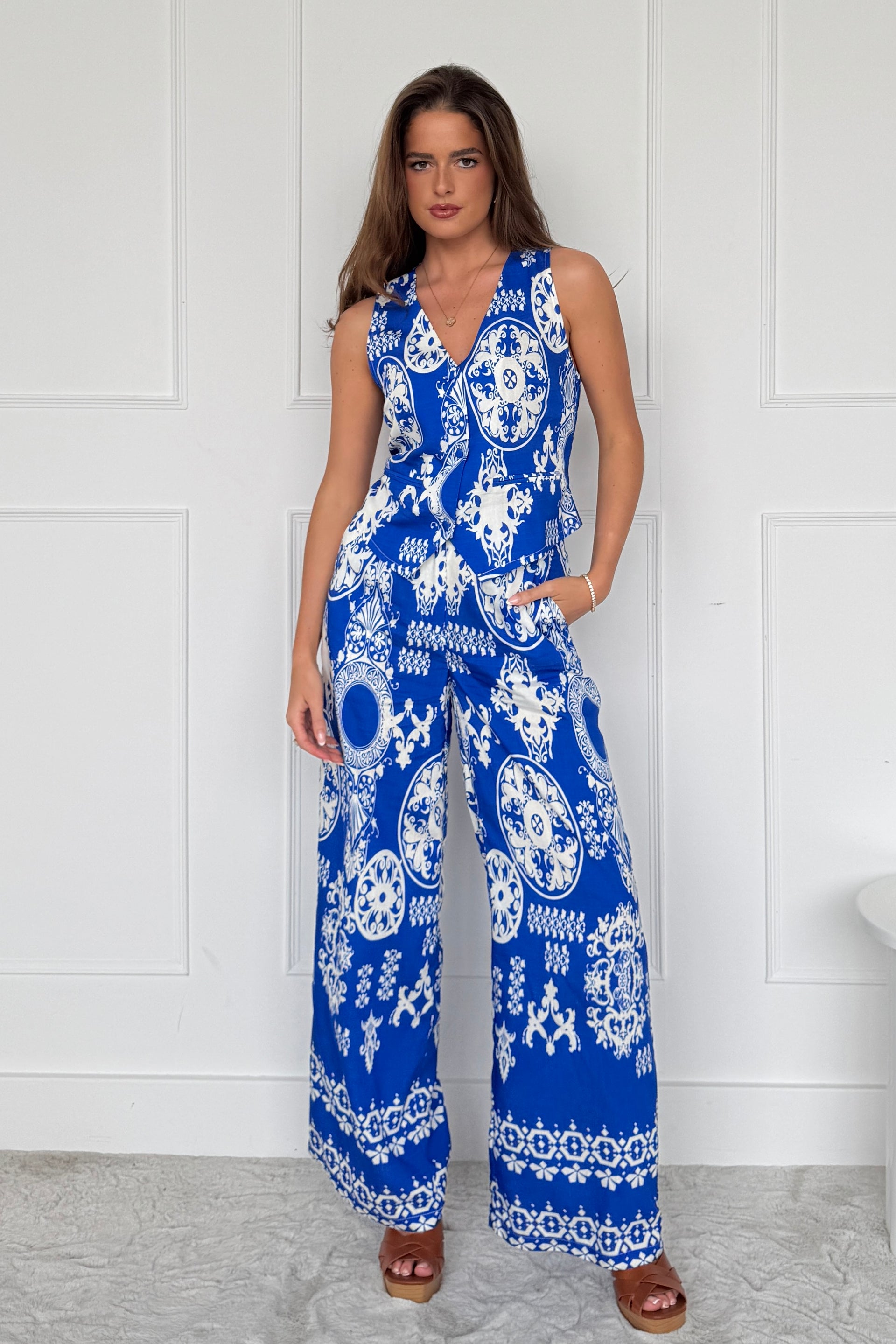 Cara Viscose Blend Printed Waistcoat In Cobalt