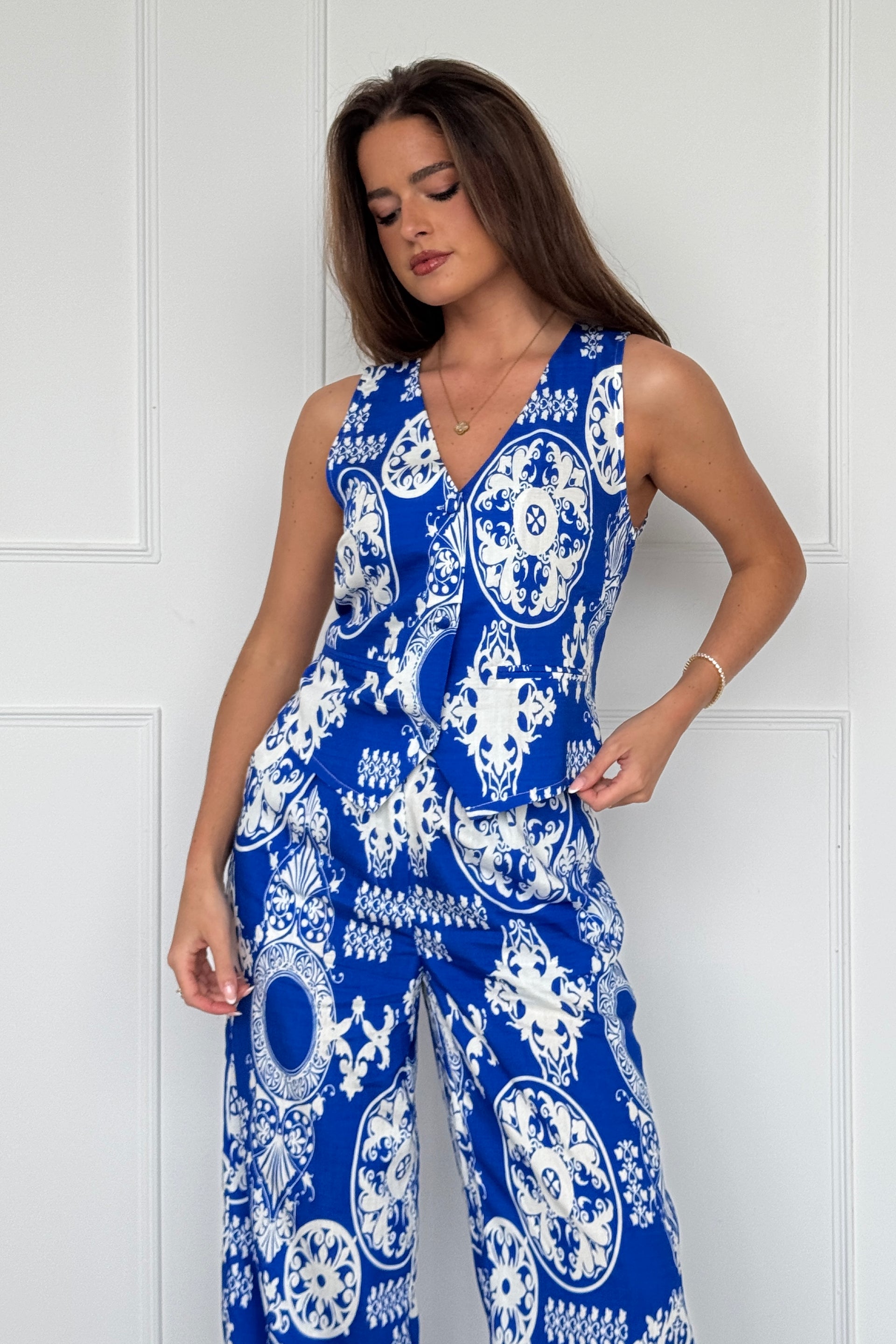 Cara Viscose Blend Printed Waistcoat In Cobalt