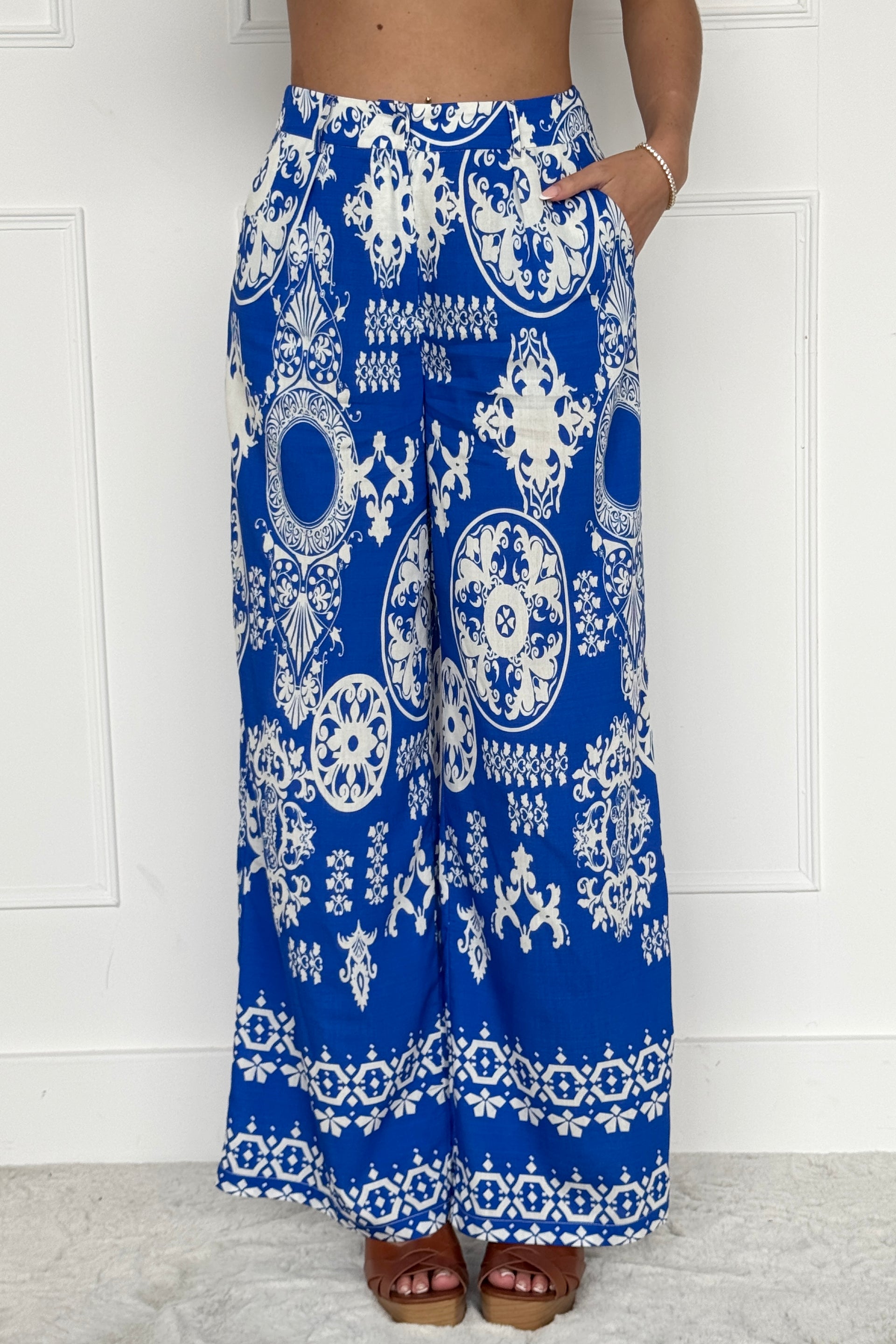 Cara Viscose Blend Printed Trouser In Cobalt