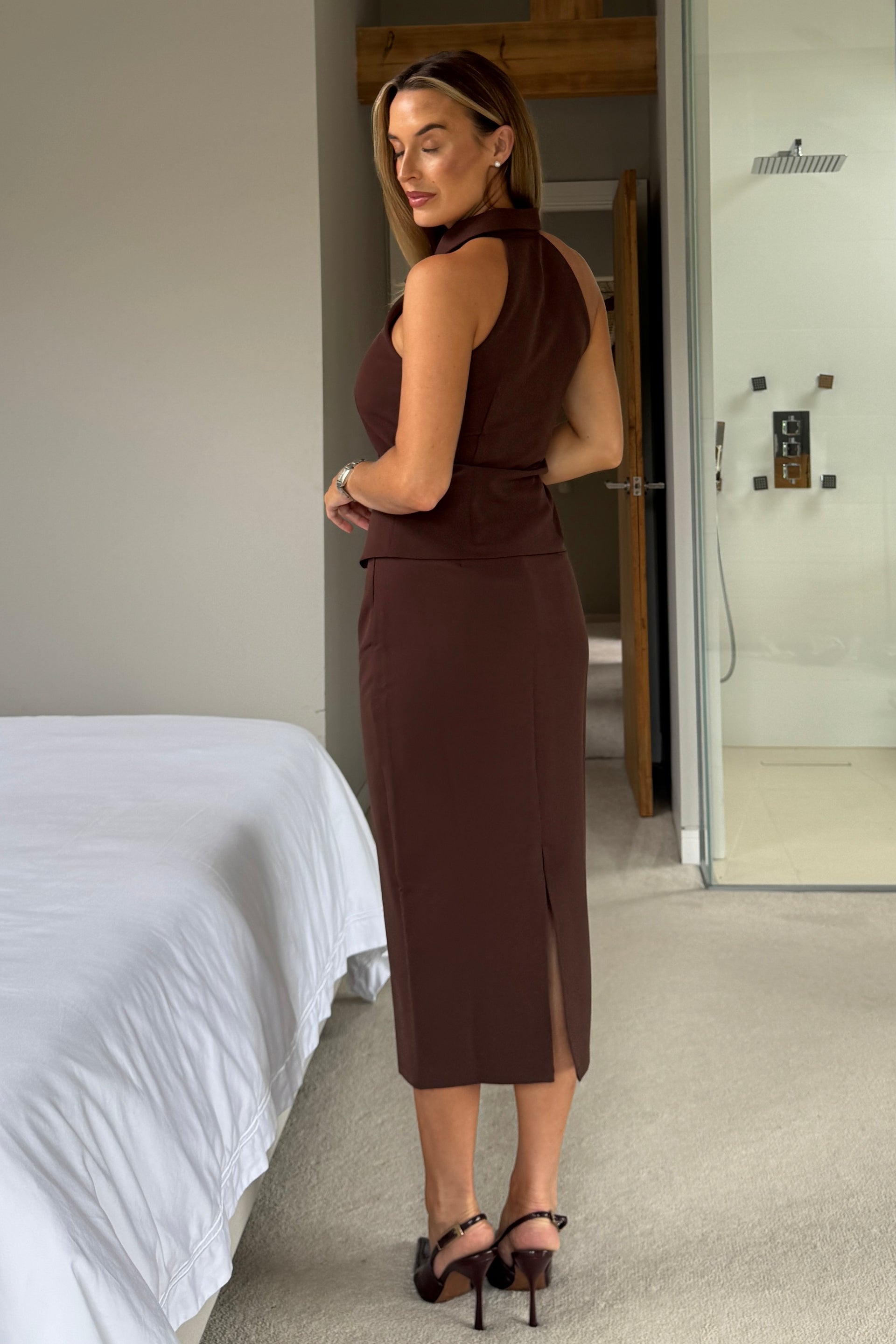 Vicky Reversible Tailored Midi Skirt Brown