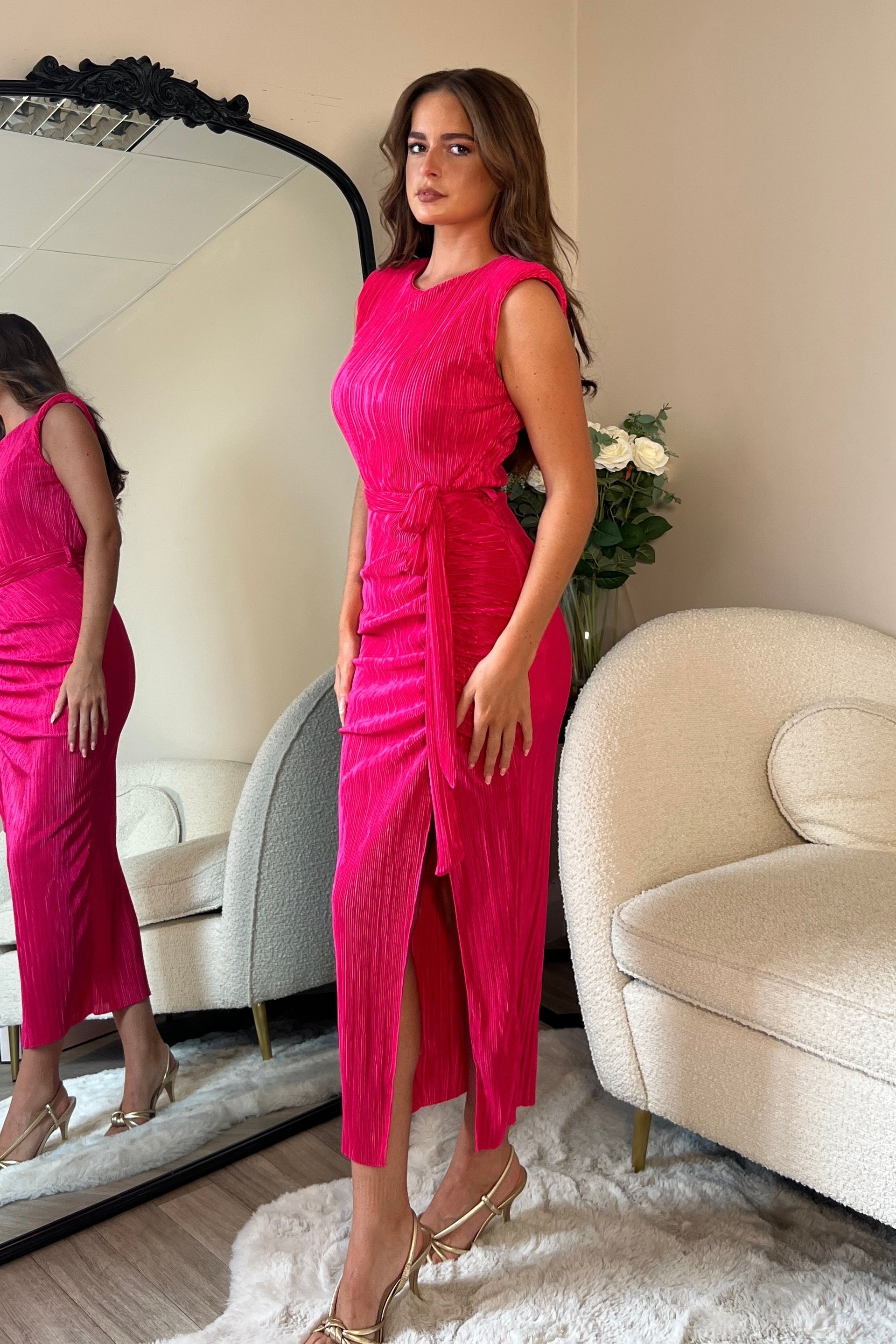 Elena Ruched Seamed Midi Dress Hot Pink