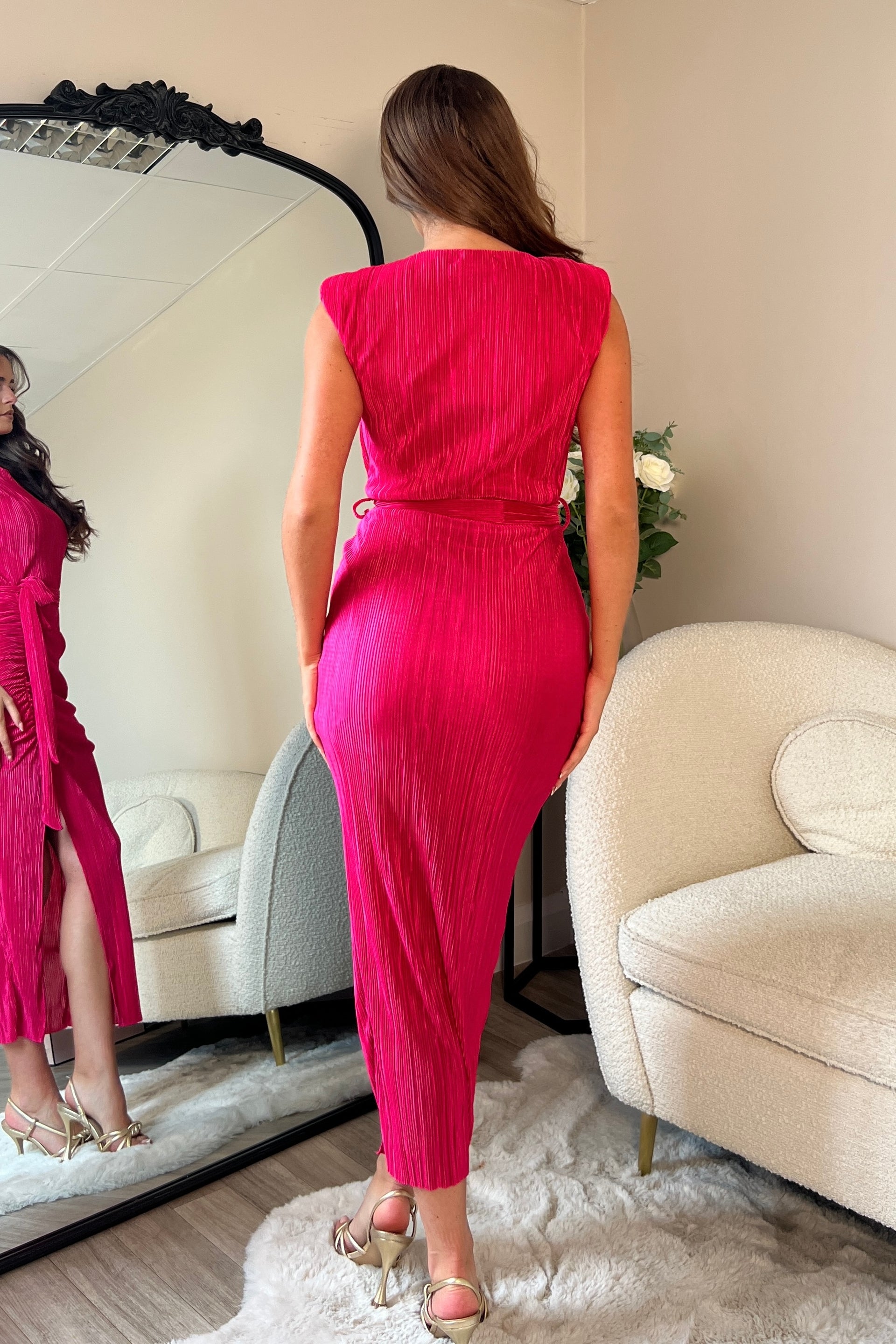 Elena Ruched Seamed Midi Dress Hot Pink