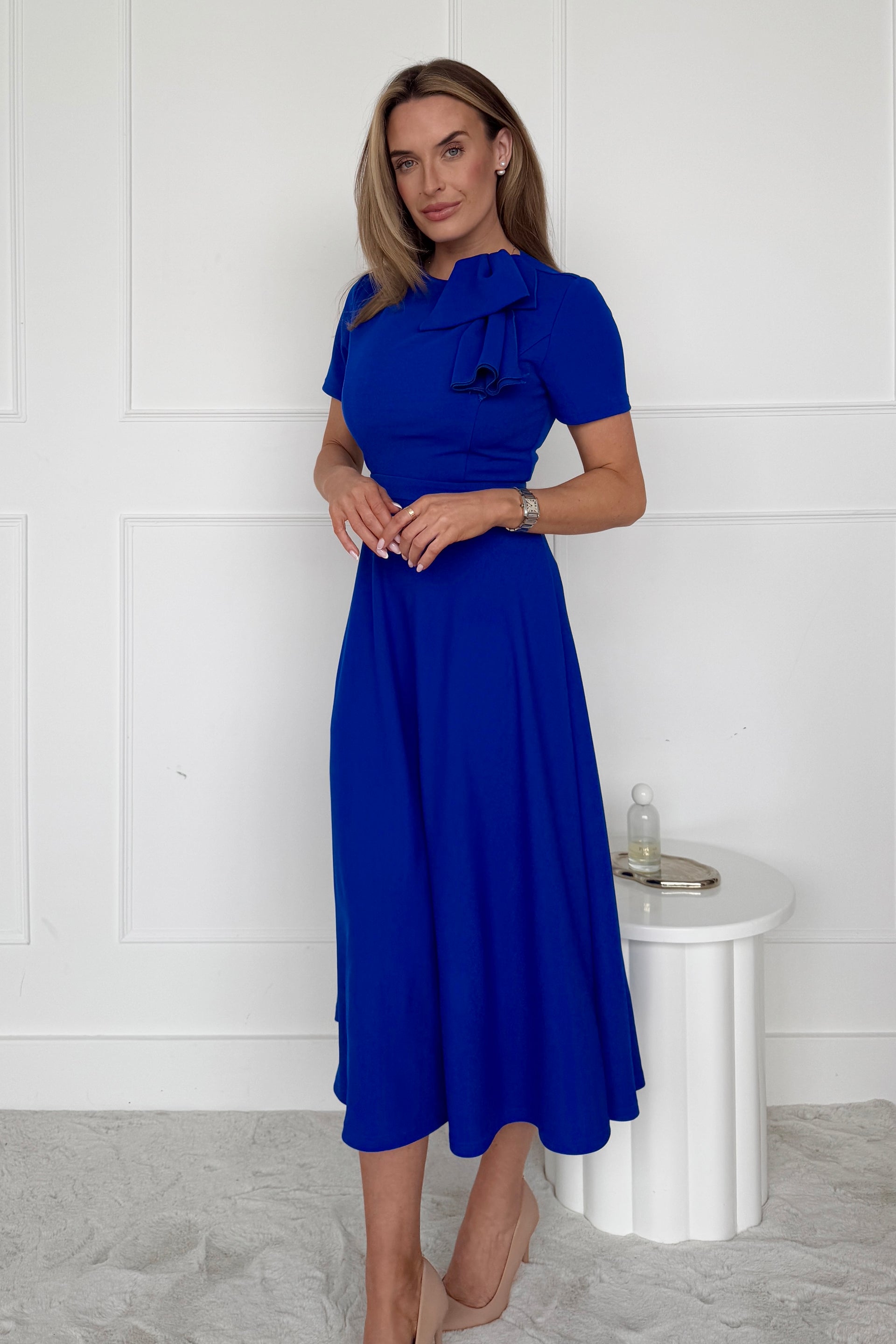 Minta Bow Detail Short Sleeve Midi Dress Cobalt