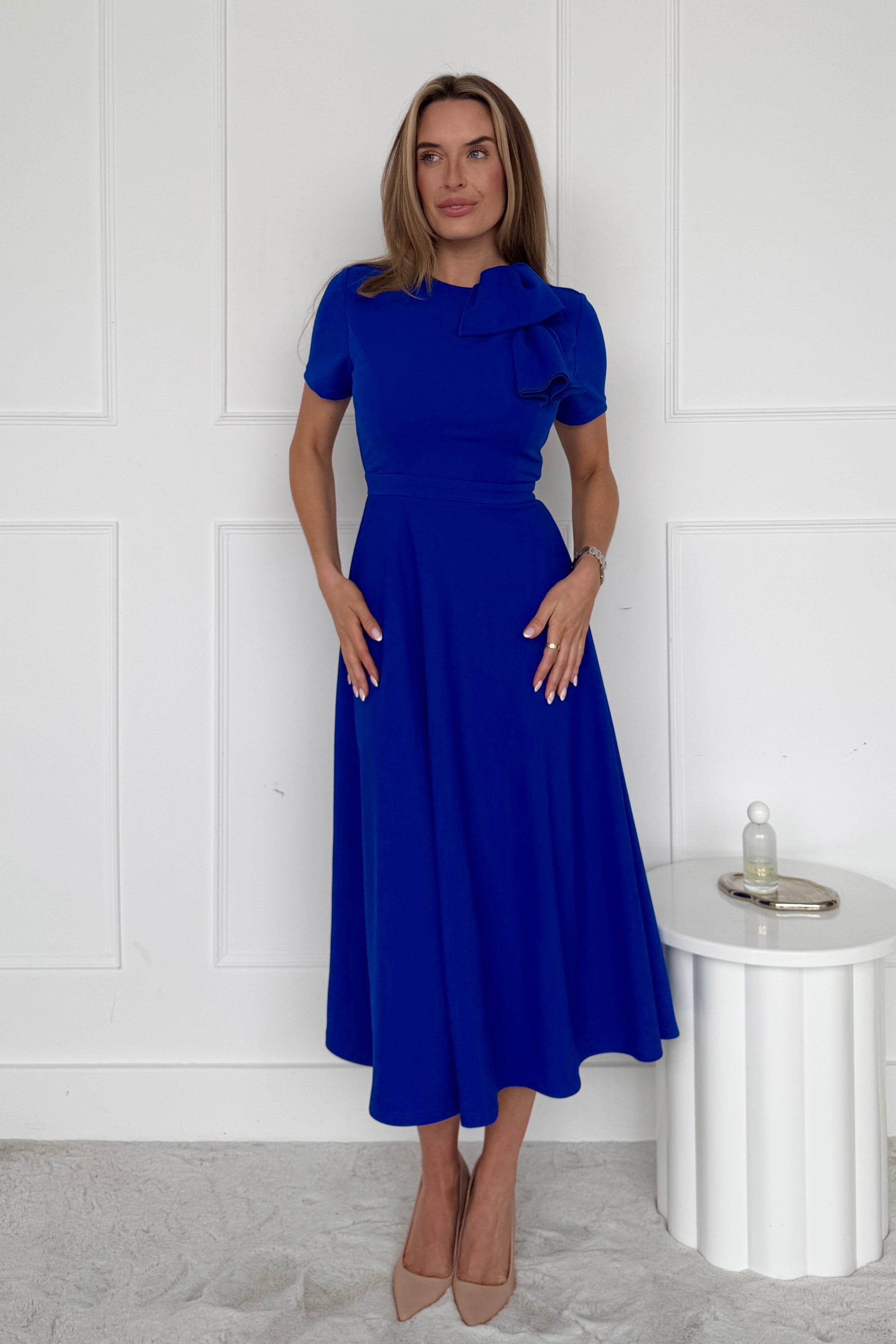 Minta Bow Detail Short Sleeve Midi Dress Cobalt