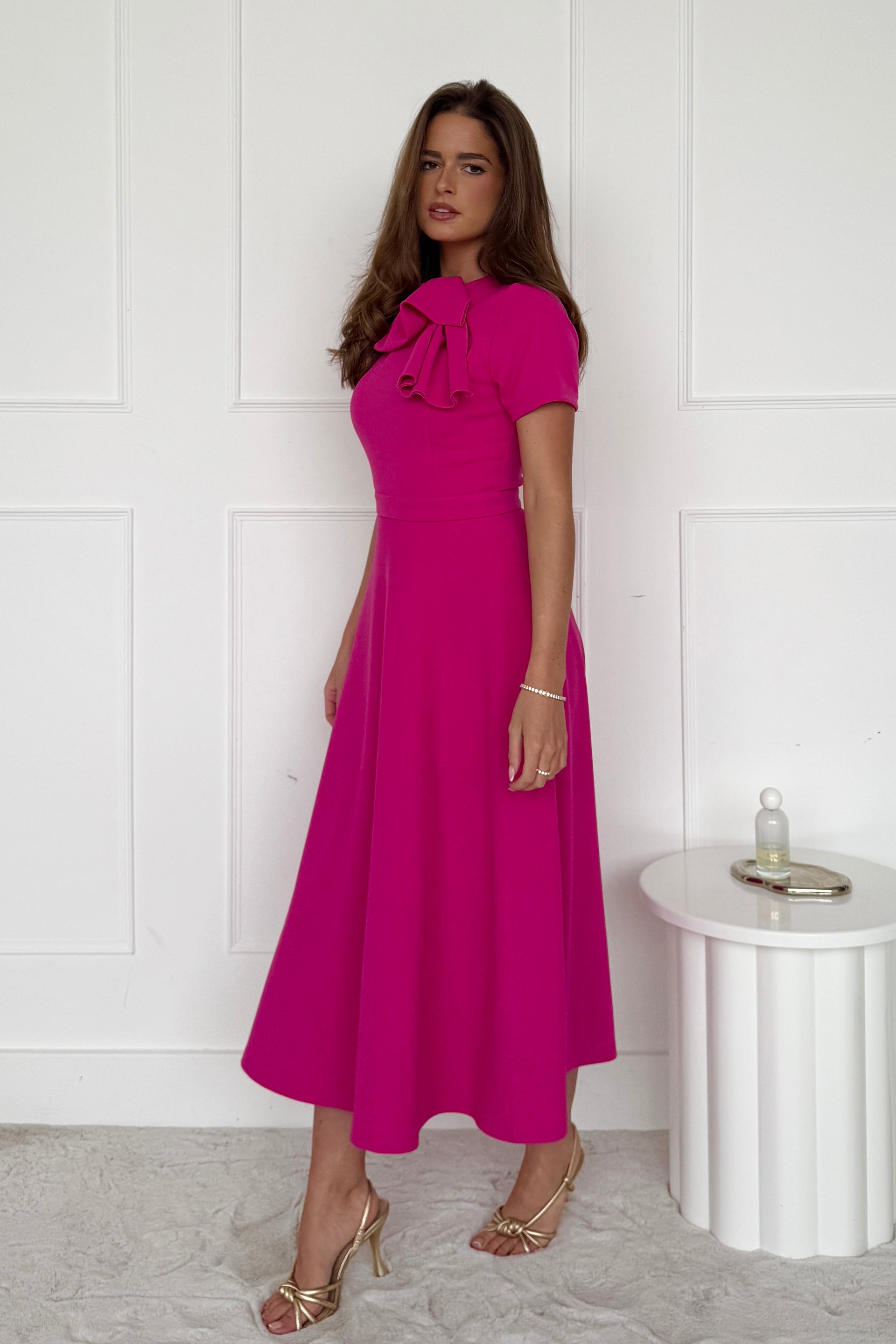 Minta Bow Detail Short Sleeve Midi Dress Pink