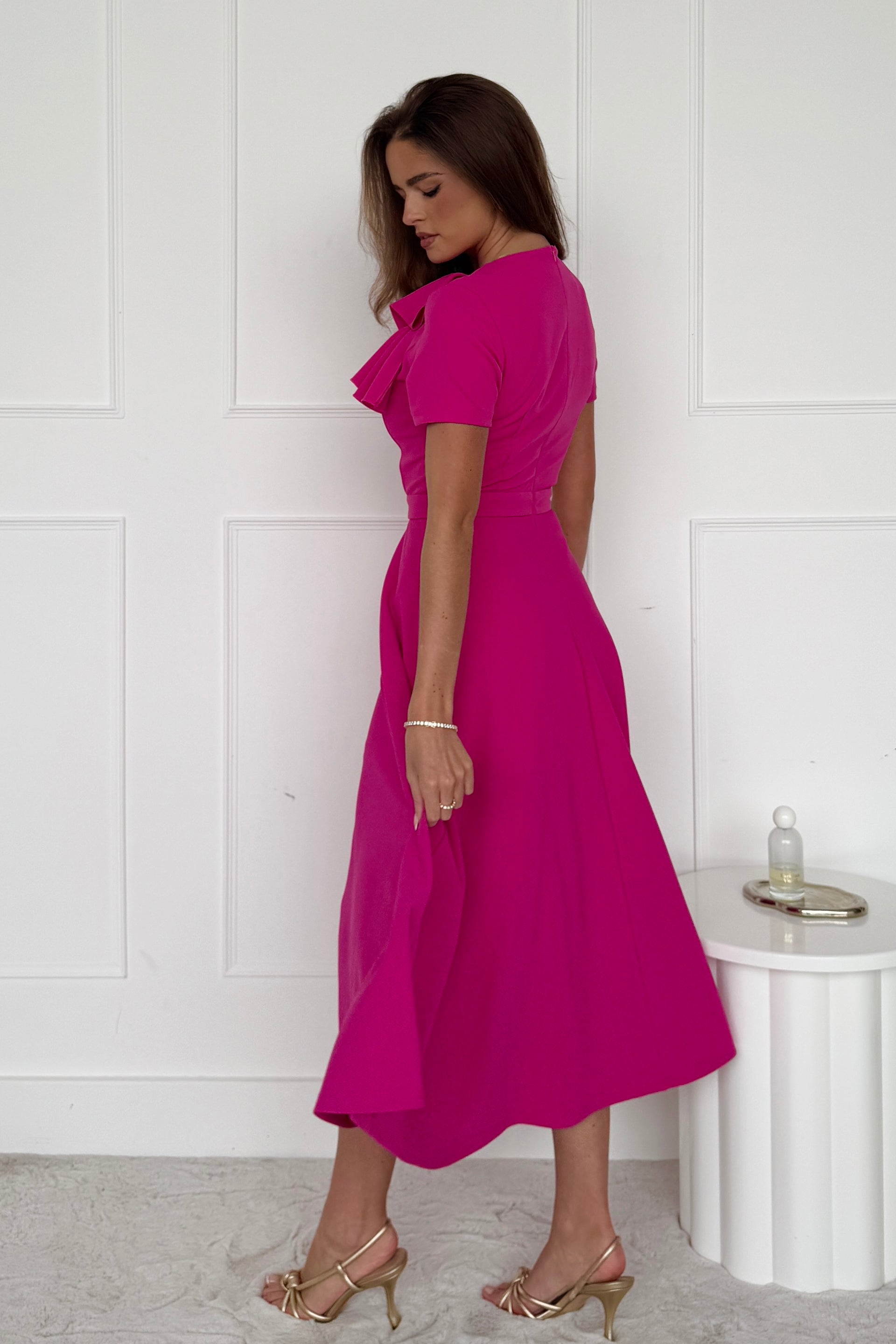 Minta Bow Detail Short Sleeve Midi Dress Pink