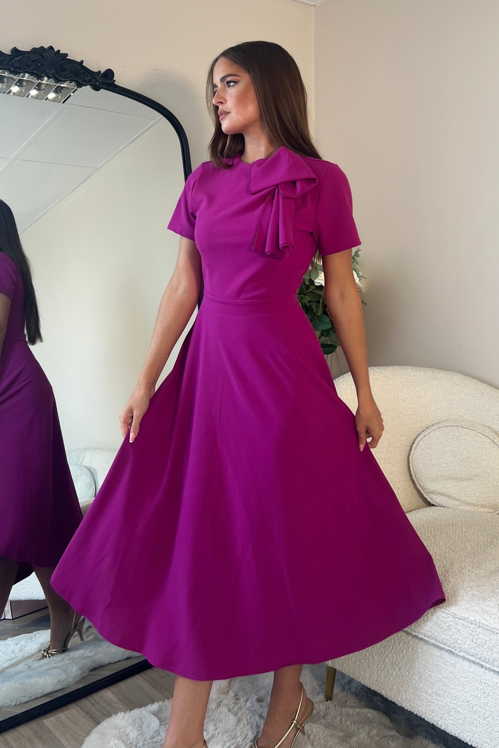 Minta Bow Detail Short Sleeve Midi Dress Orchid
