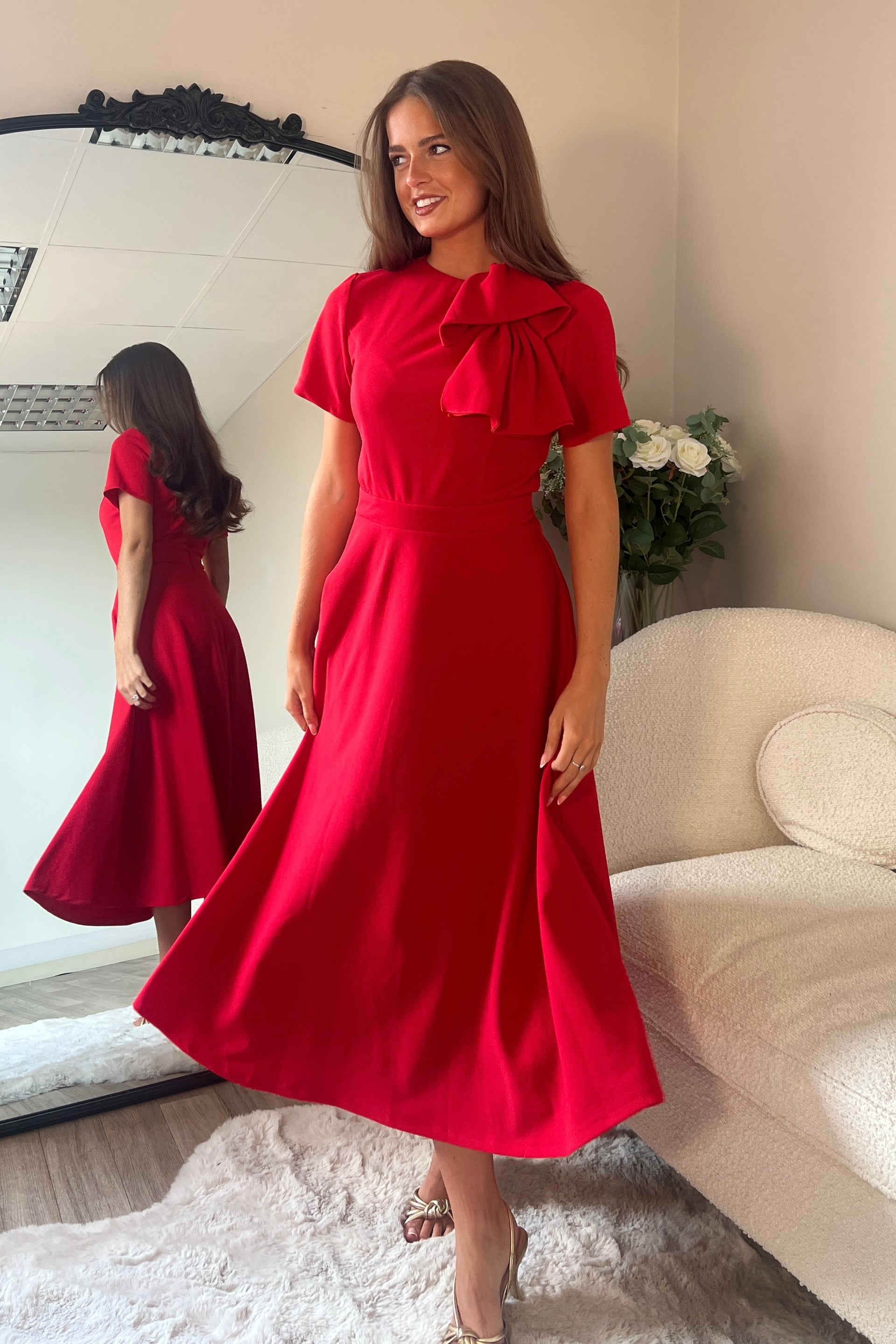 Minta Bow Detail Short Sleeve Midi Dress Red