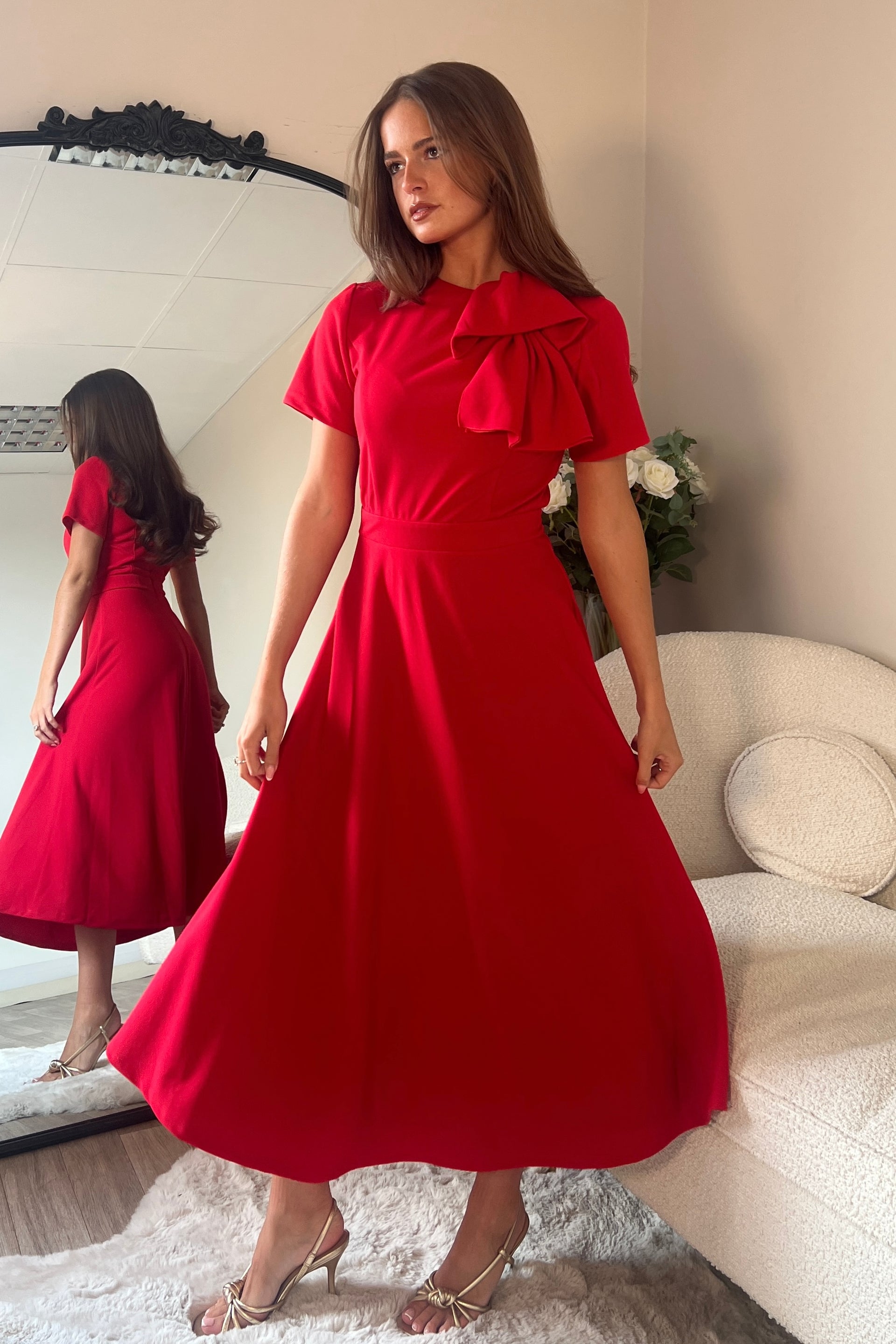 Minta Bow Detail Short Sleeve Midi Dress Red