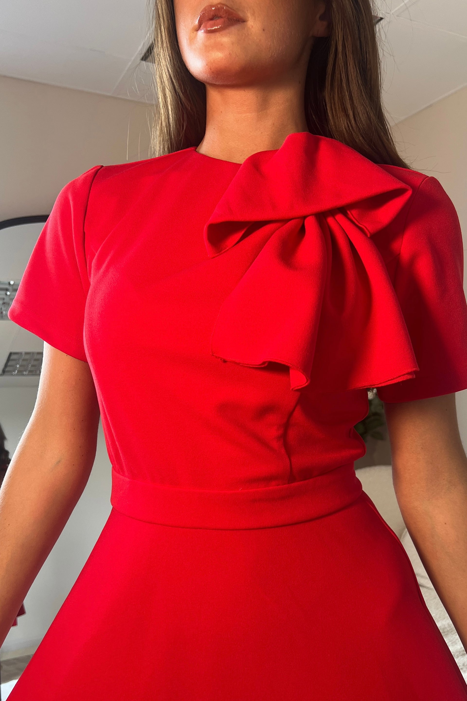 Minta Bow Detail Short Sleeve Midi Dress Red