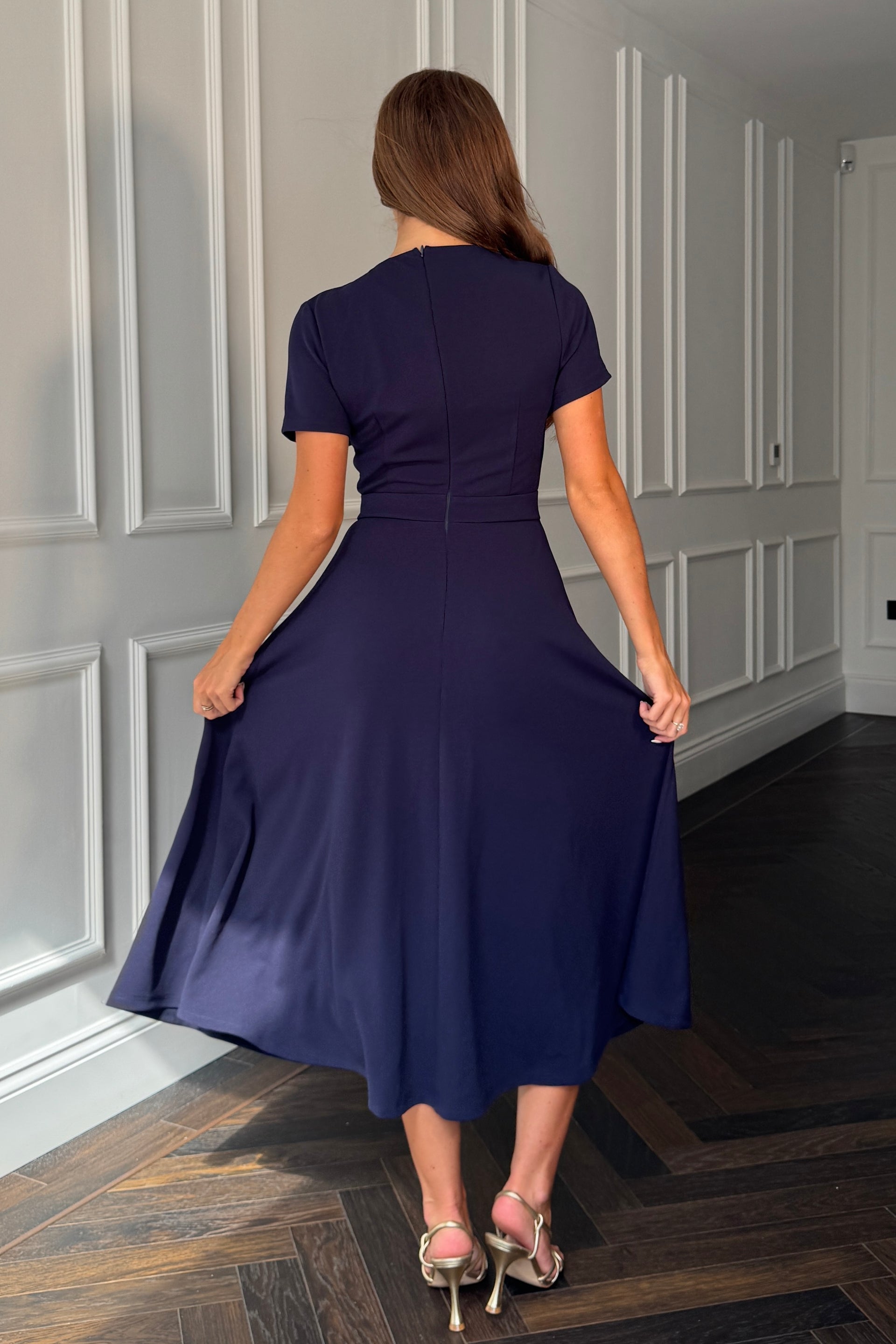 Minta Bow Detail Short Sleeve Midi Dress Navy