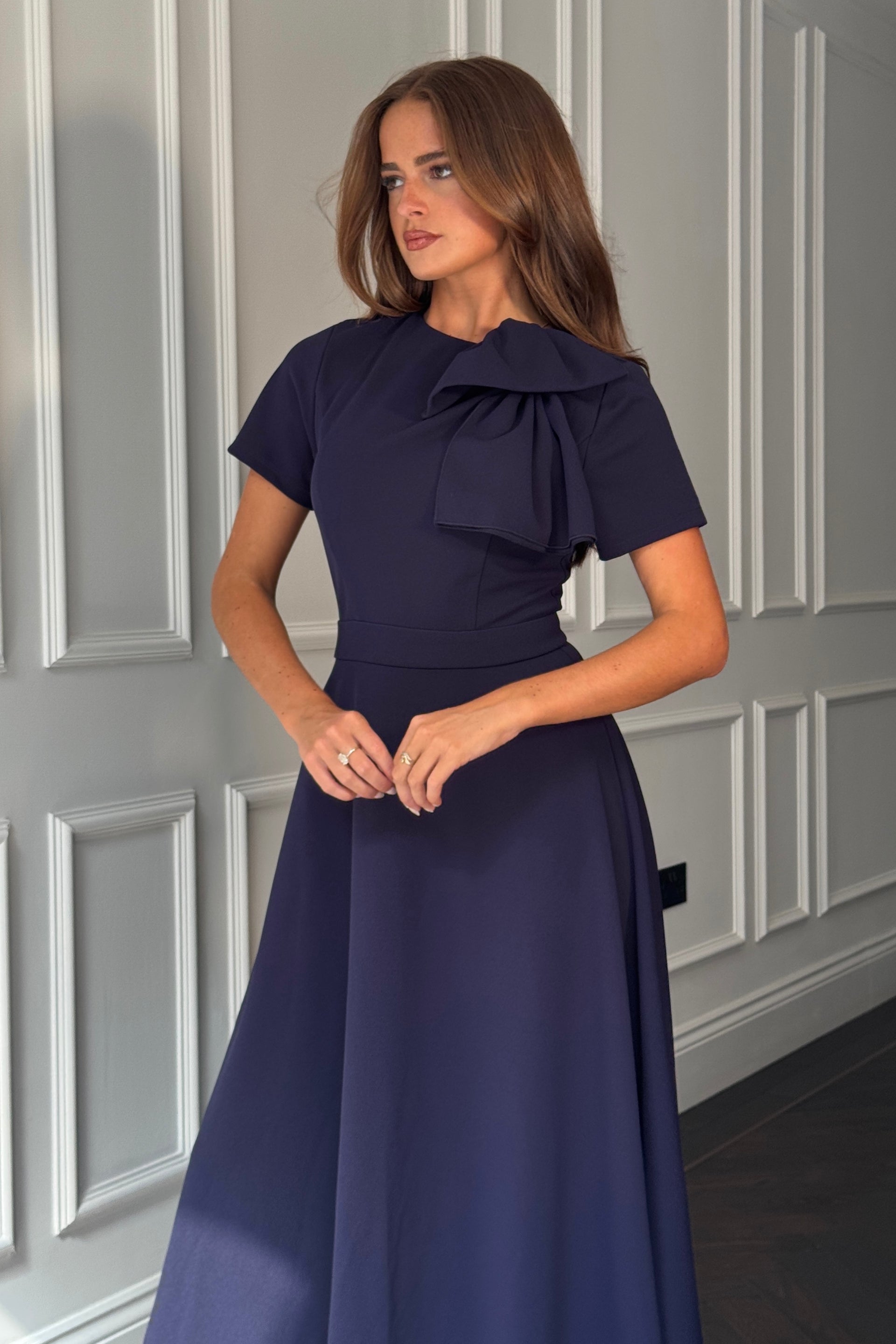 Minta Bow Detail Short Sleeve Midi Dress Navy