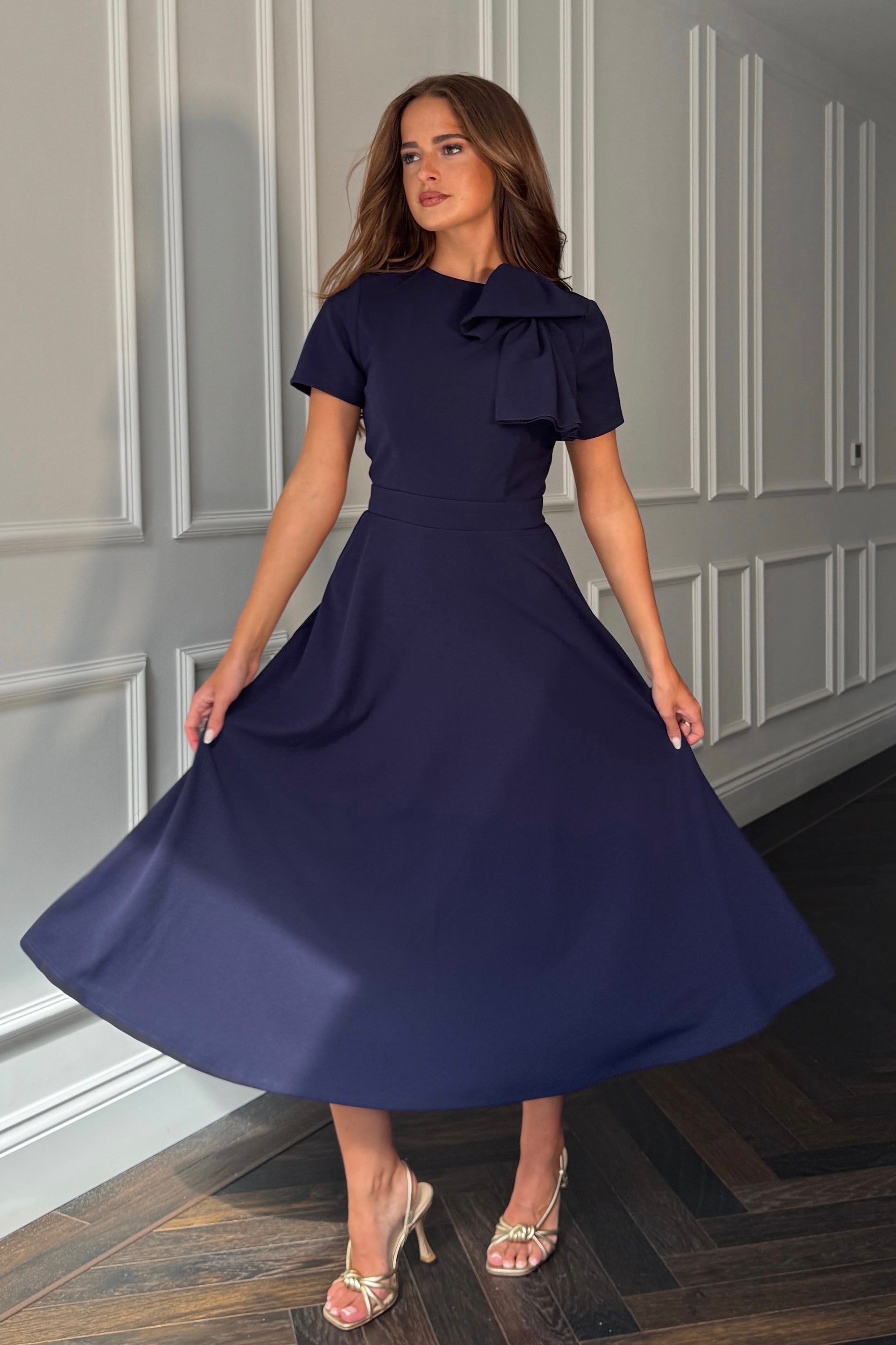 Minta Bow Detail Short Sleeve Midi Dress Navy