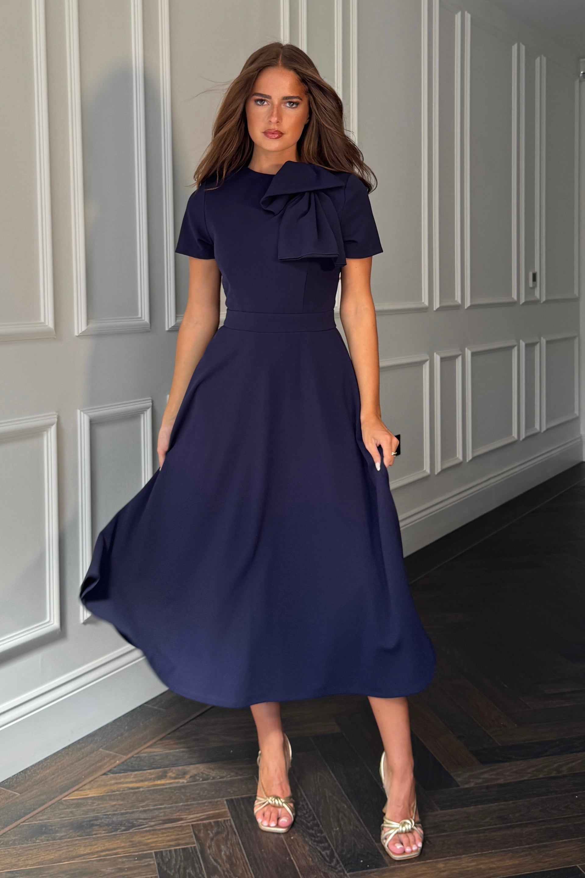 Minta Bow Detail Short Sleeve Midi Dress Navy