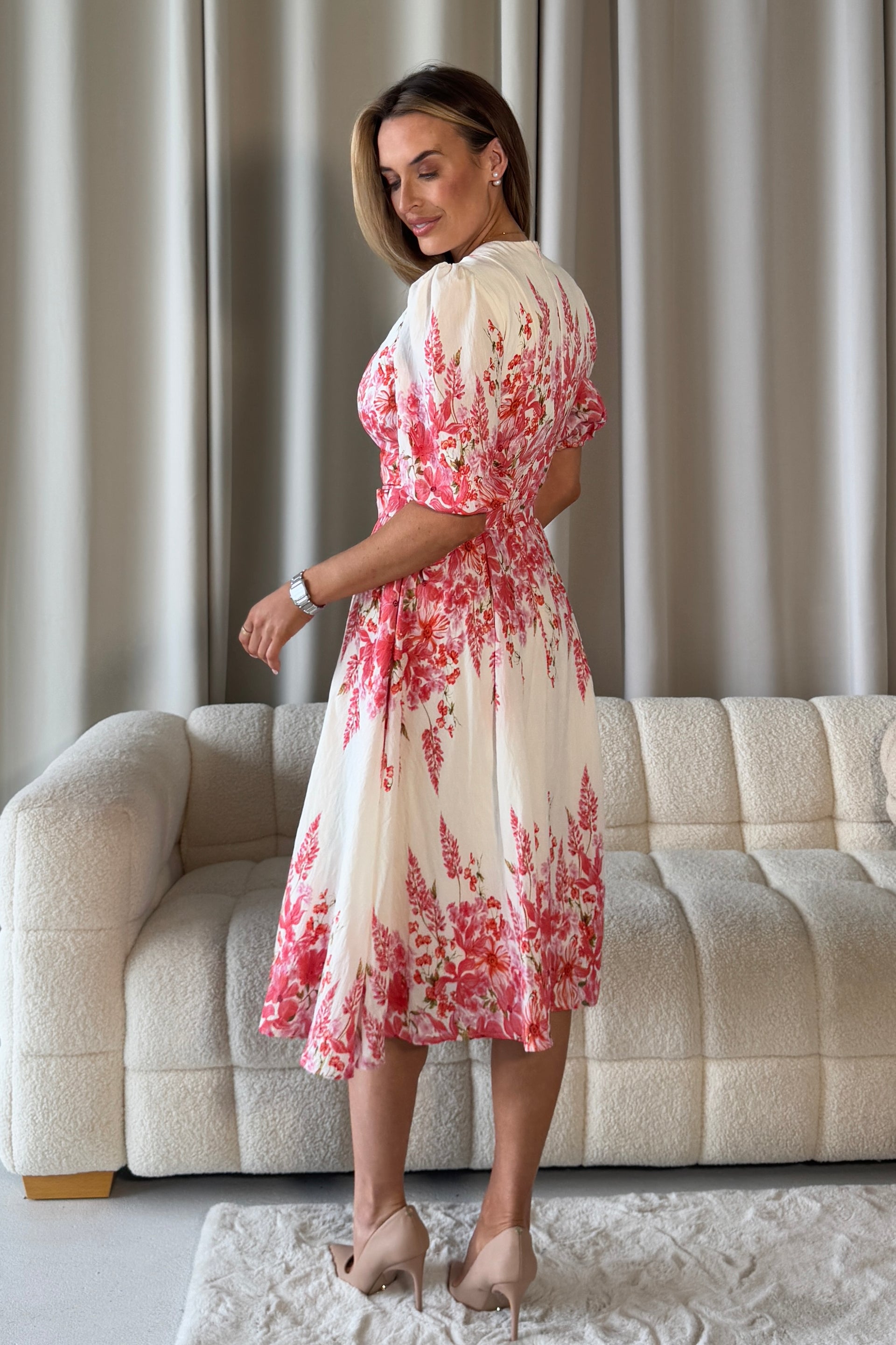 Foster Round Neck Puff Sleeve Midi Dress Pink Floral