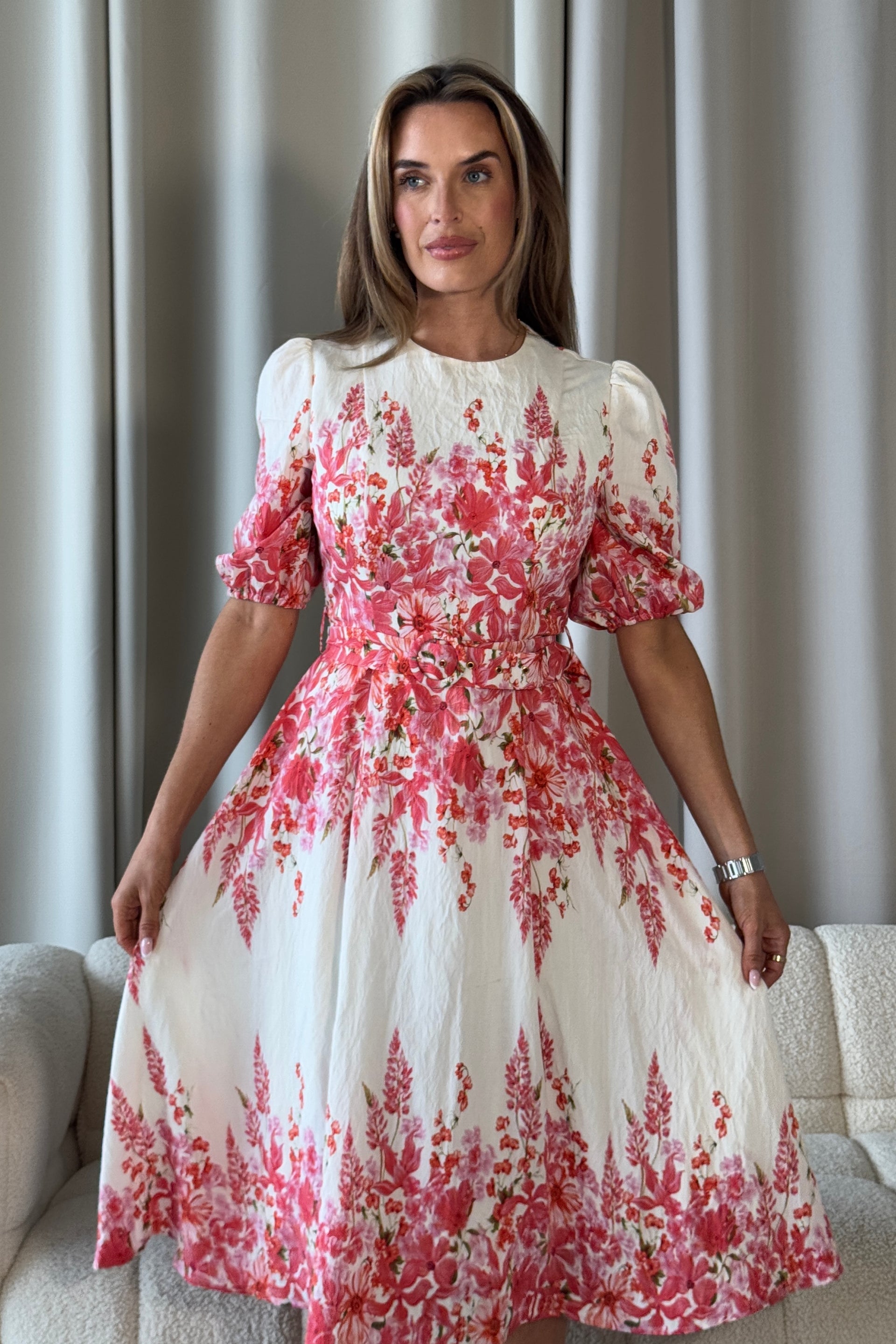 Foster Round Neck Puff Sleeve Midi Dress Pink Floral