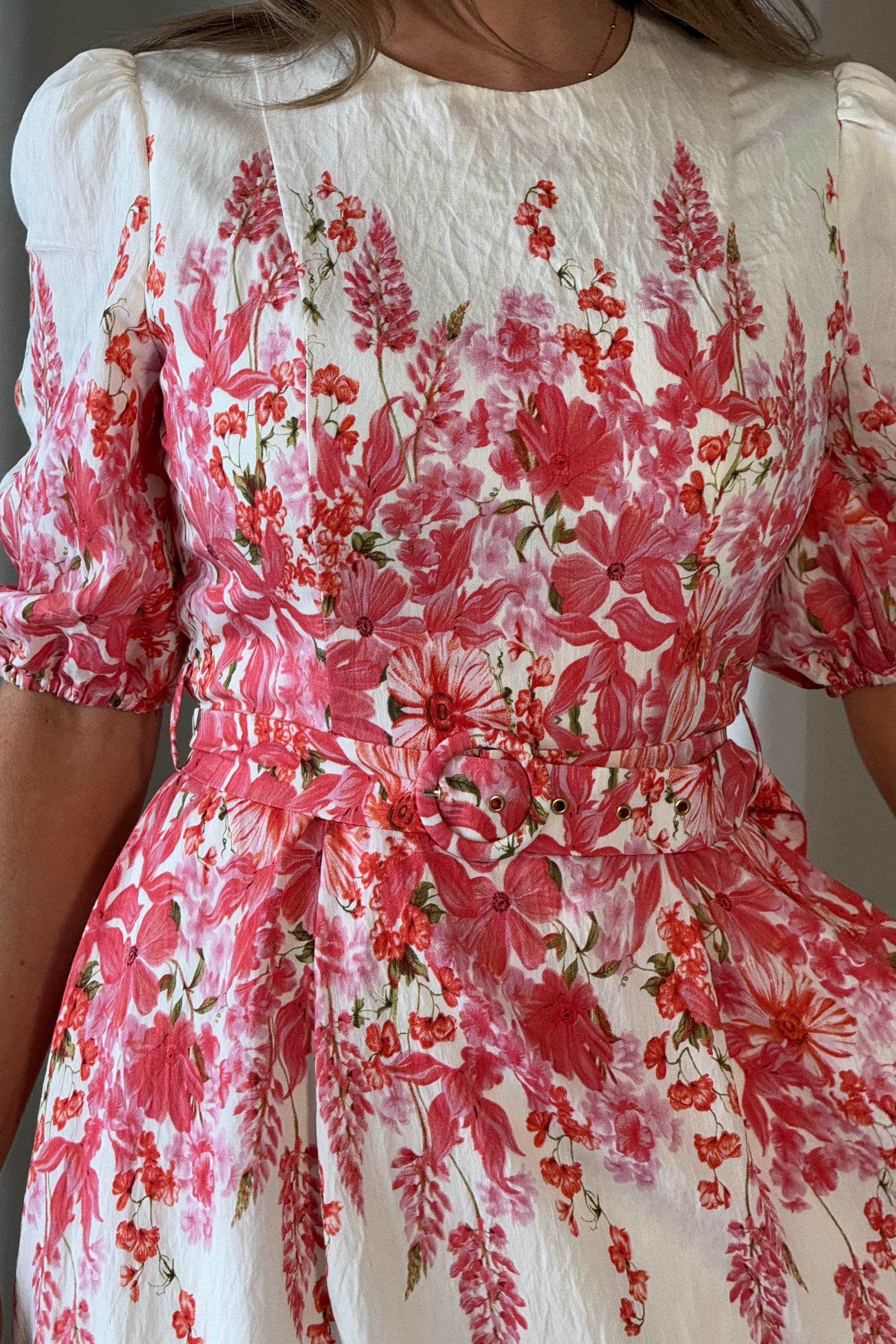 Foster Round Neck Puff Sleeve Midi Dress Pink Floral