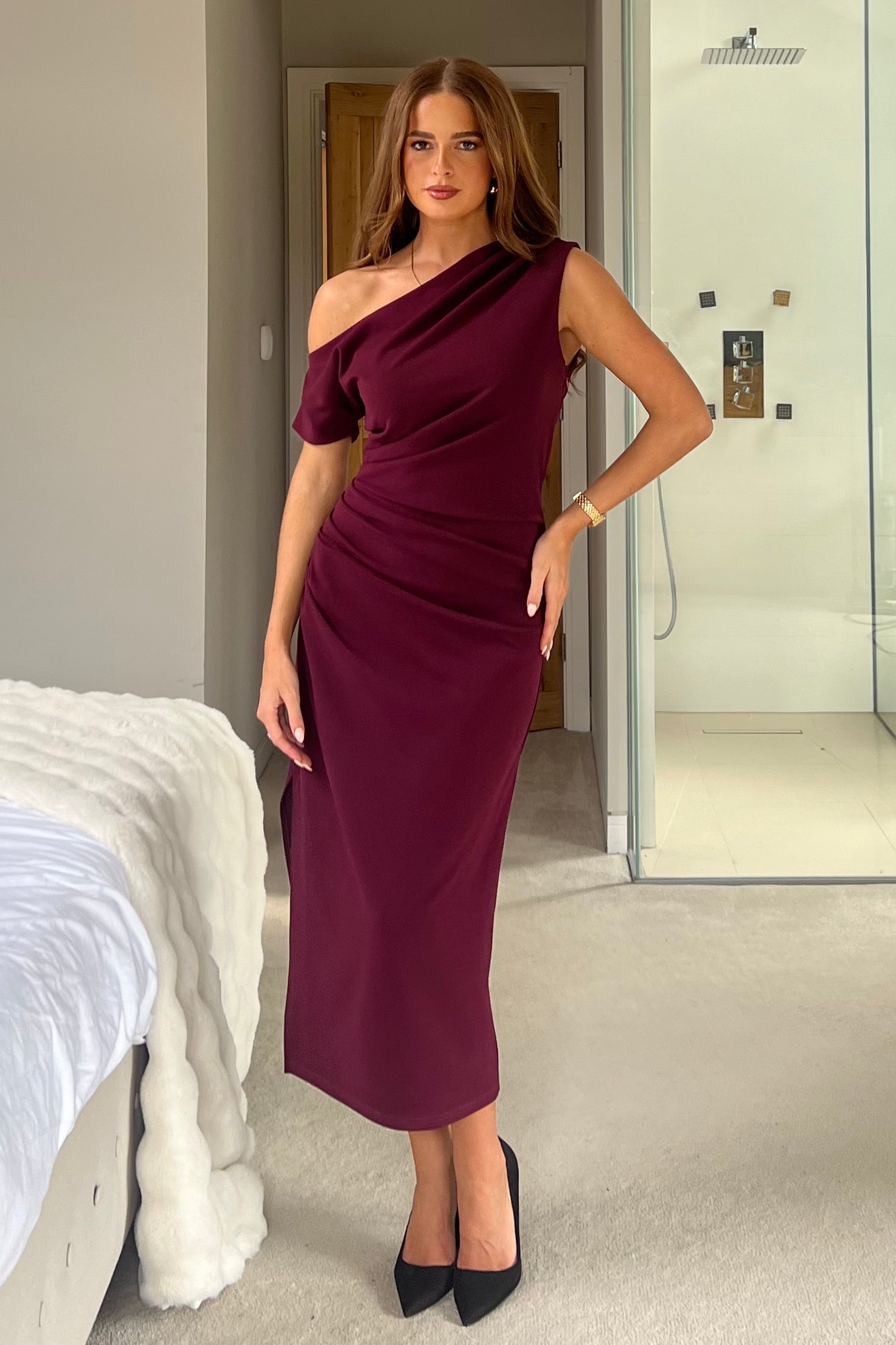 Donna Asymmetric Neckline Midi Dress Plum