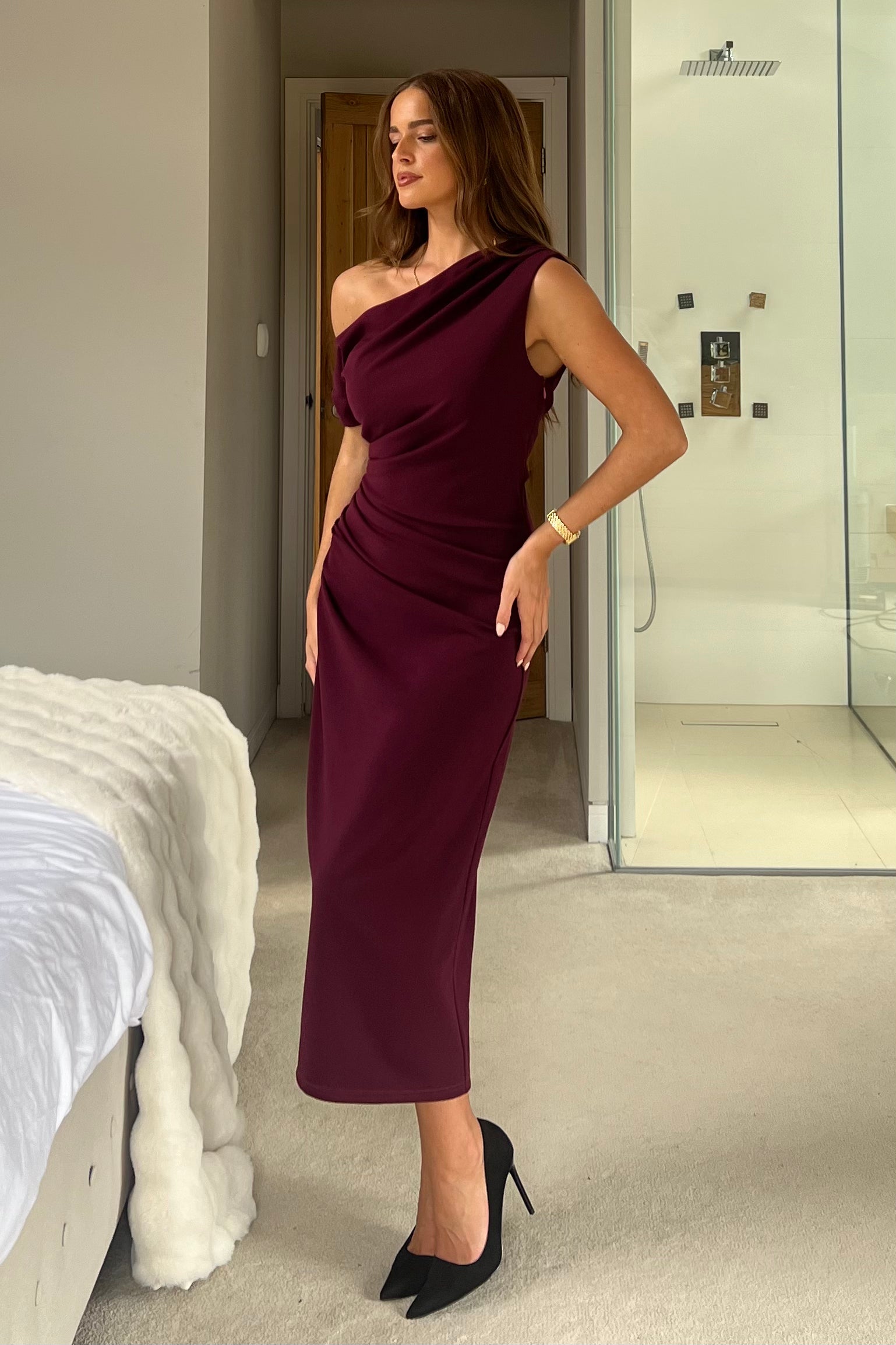 Donna Asymmetric Neckline Midi Dress Plum