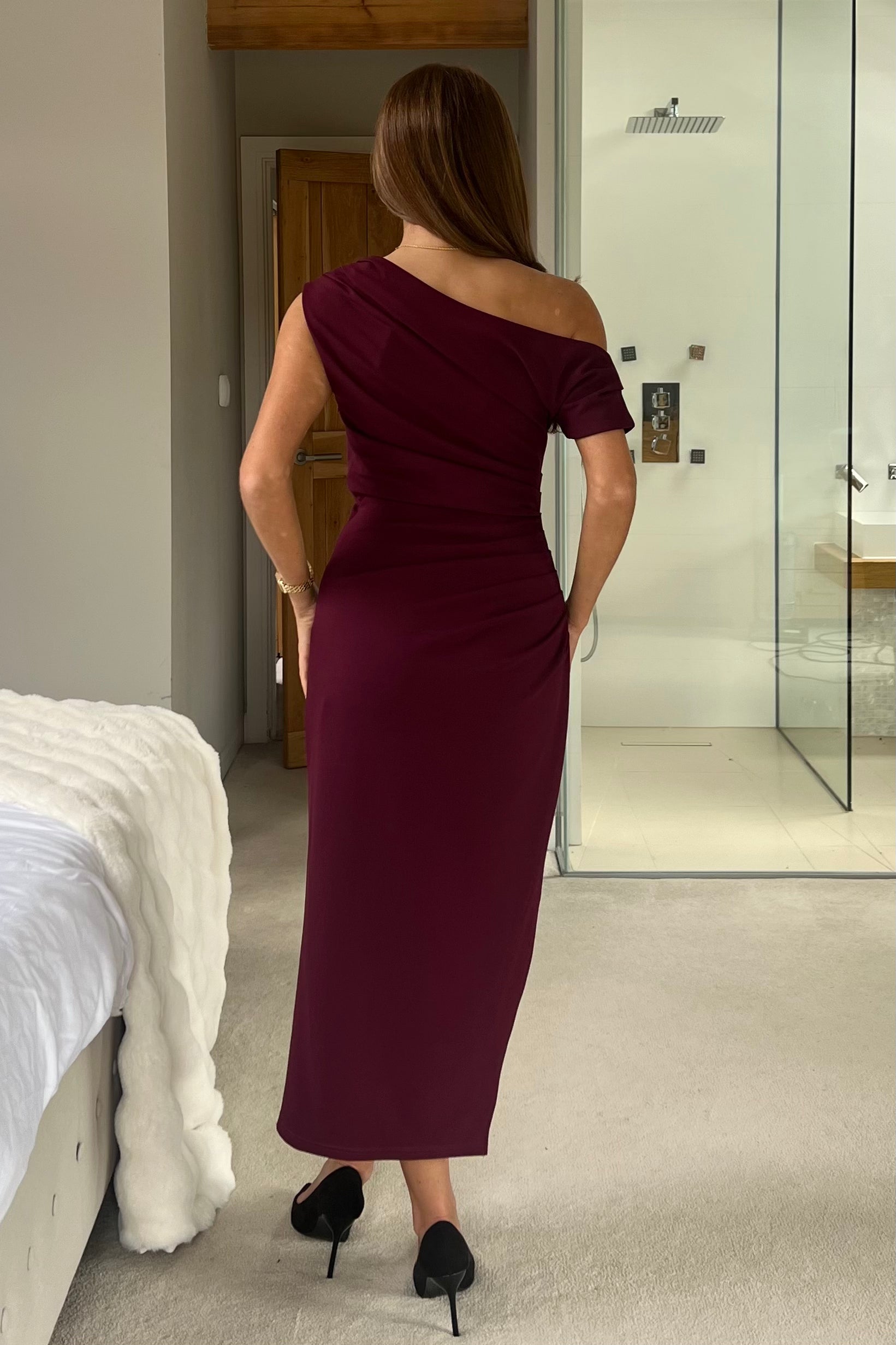 Donna Asymmetric Neckline Midi Dress Plum