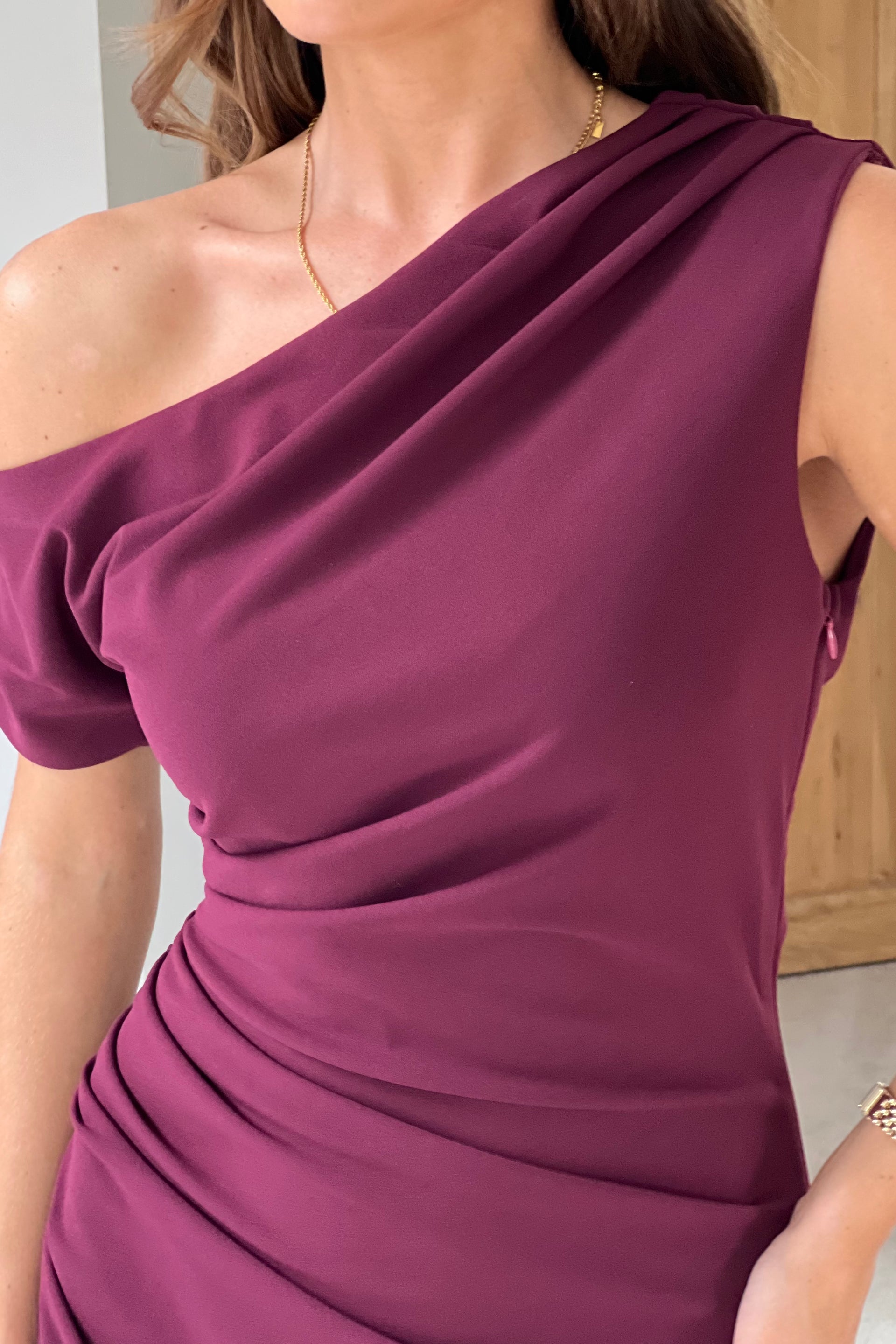 Donna Asymmetric Neckline Midi Dress Plum