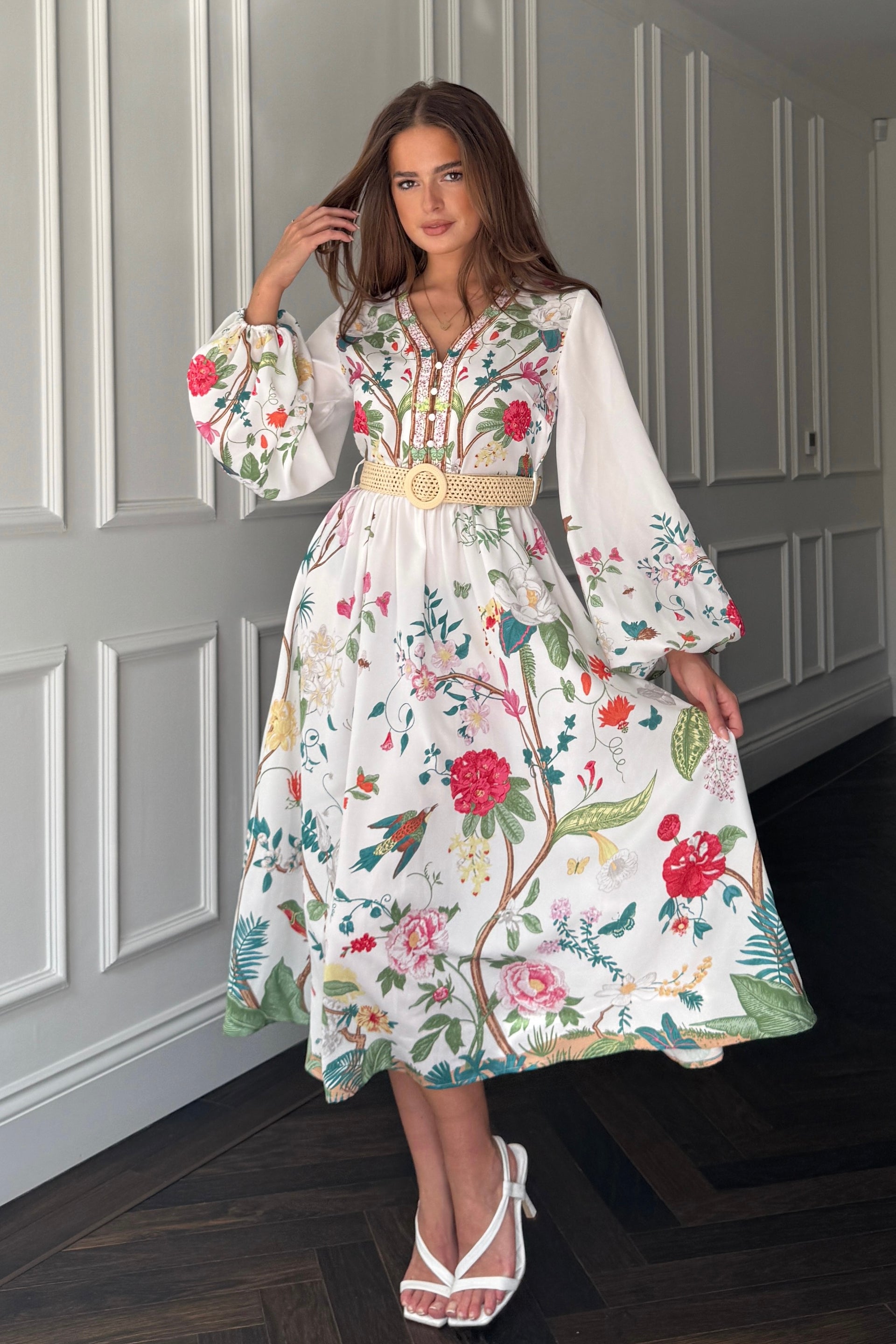Moxie Long Sleeve V Neck Midi Dress Floral