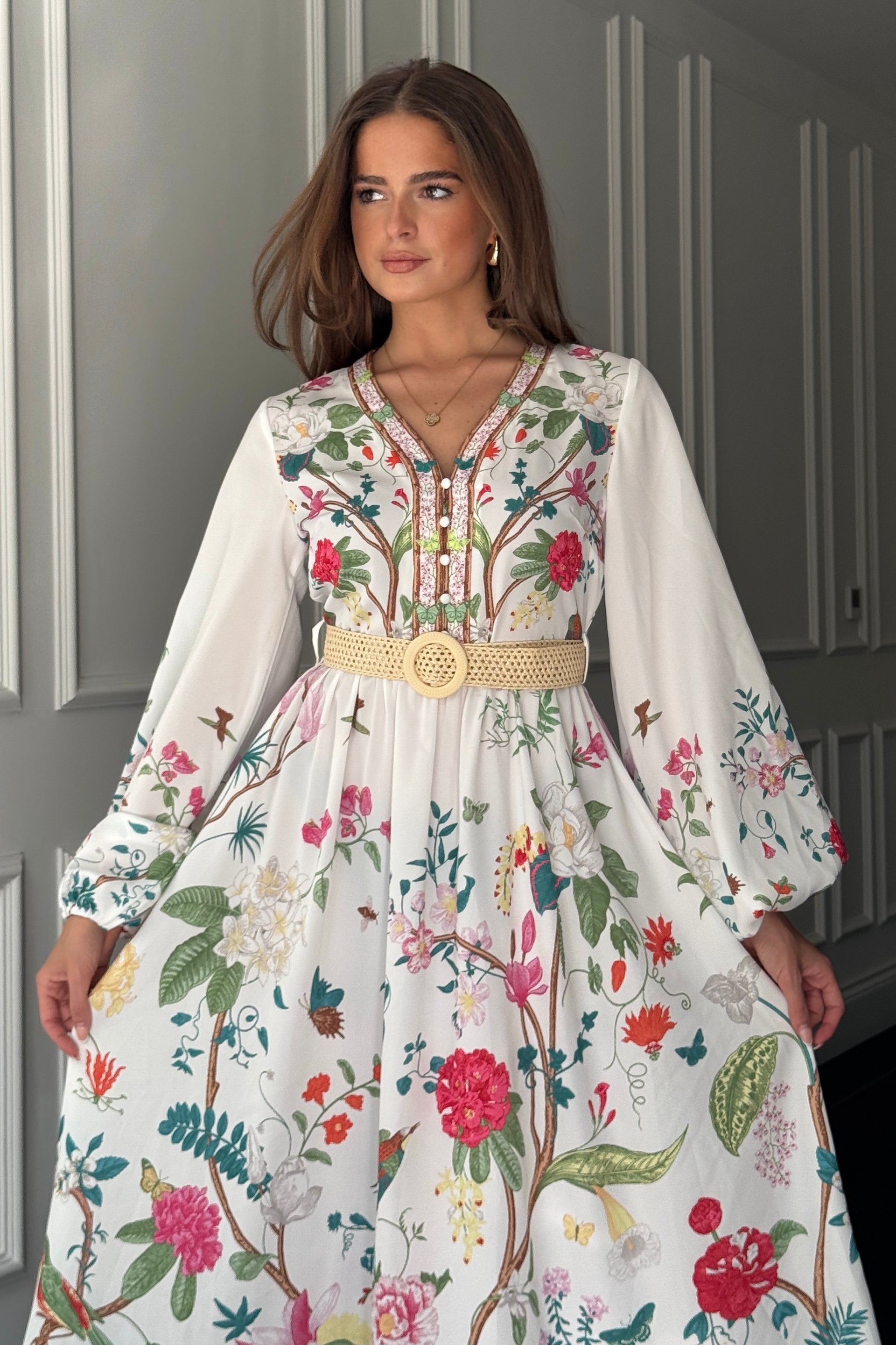 Moxie Long Sleeve V Neck Midi Dress Floral