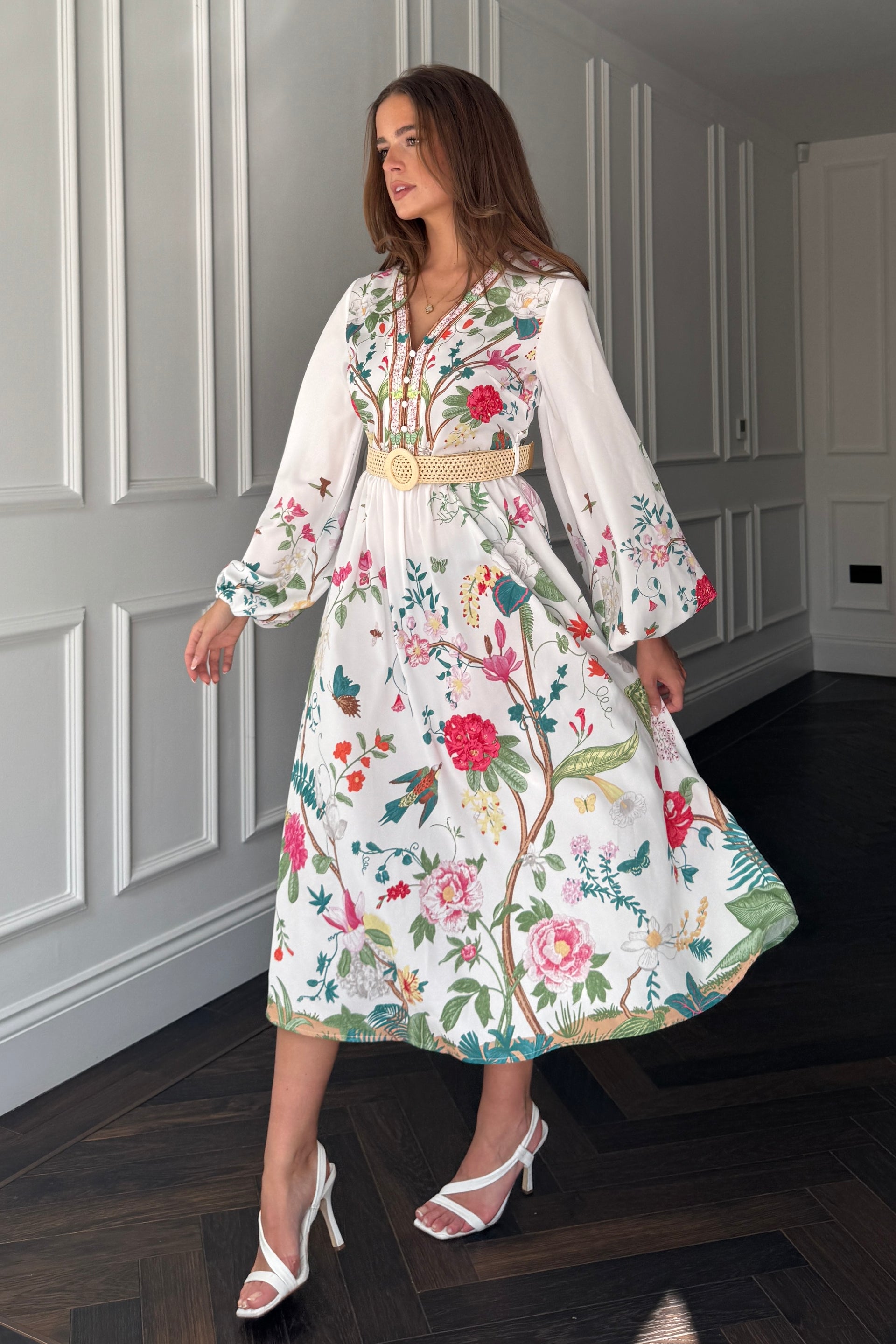 Moxie Long Sleeve V Neck Midi Dress Floral