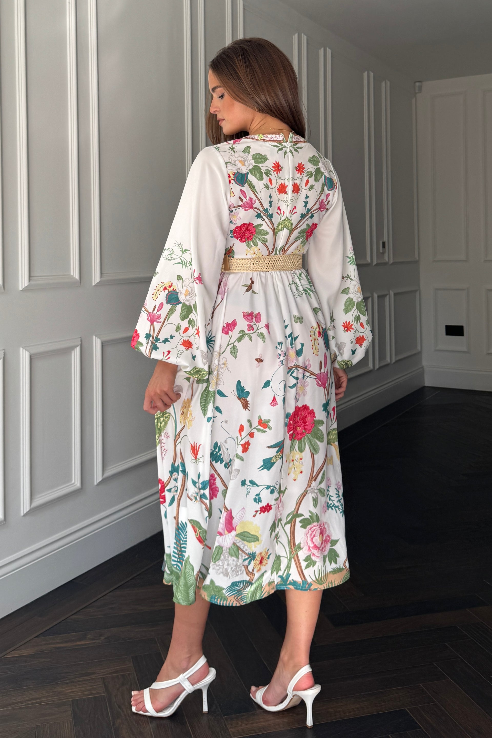 Moxie Long Sleeve V Neck Midi Dress Floral