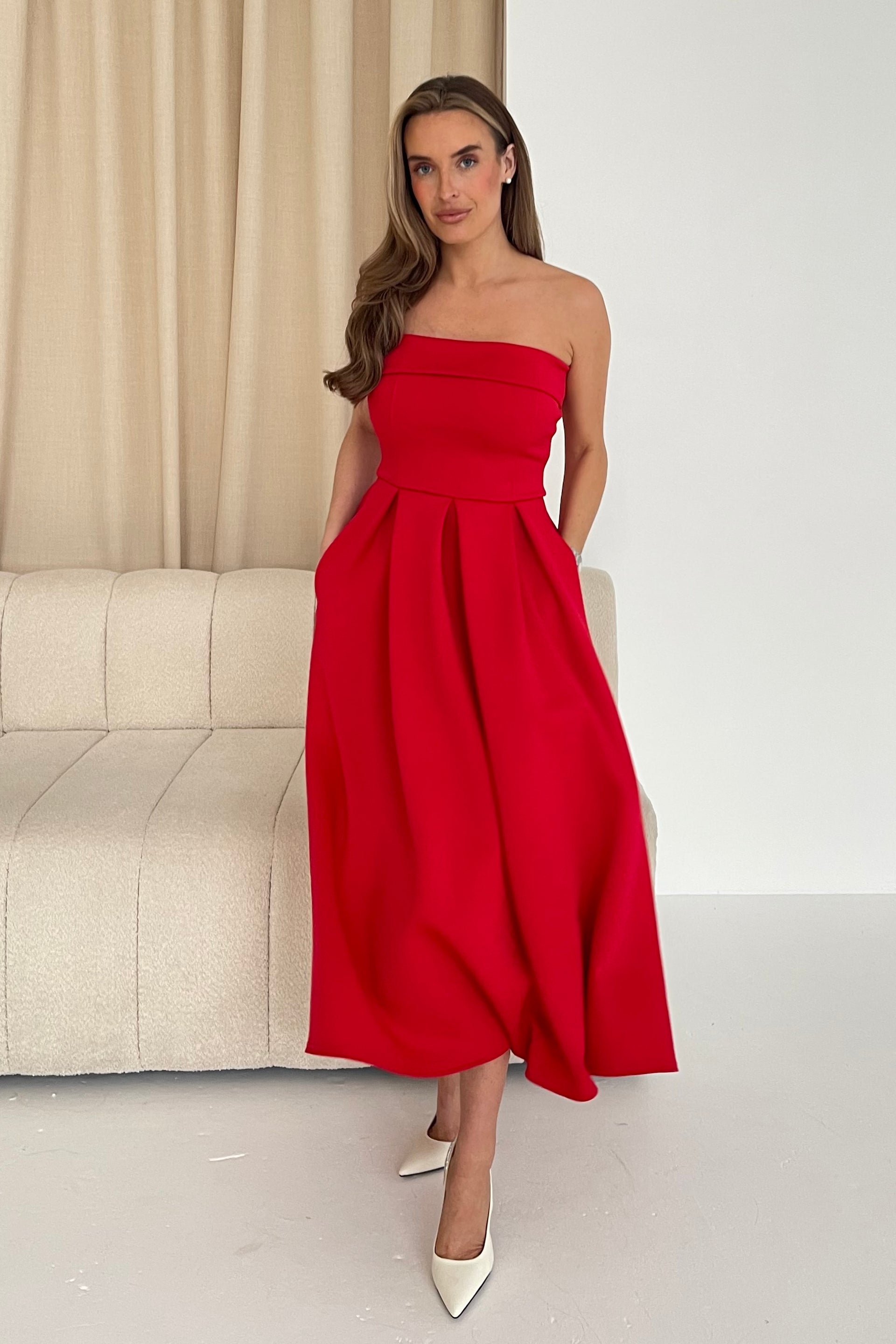 Danni Strapless Bandeau Midi Dress Red