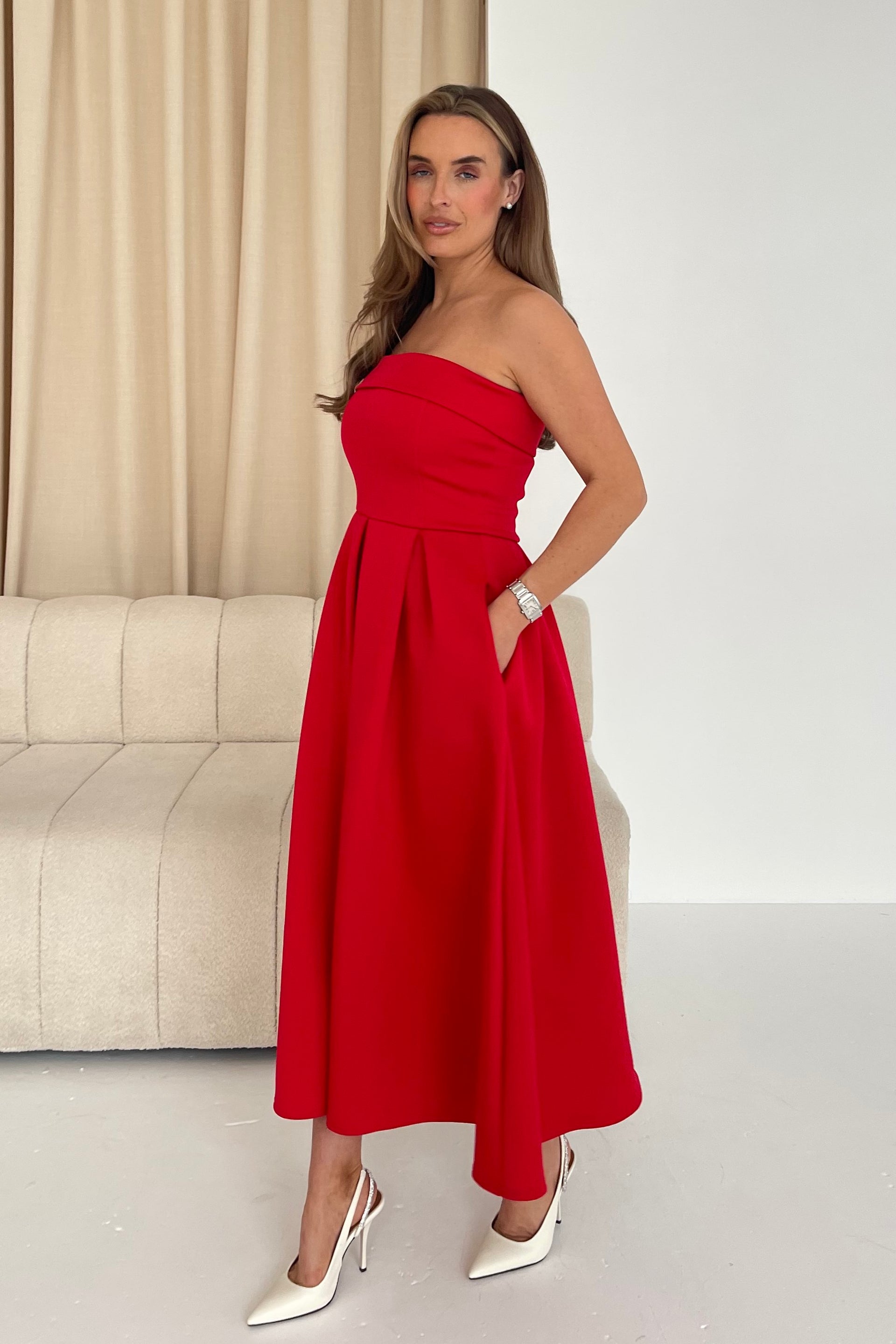 Danni Strapless Bandeau Midi Dress Red