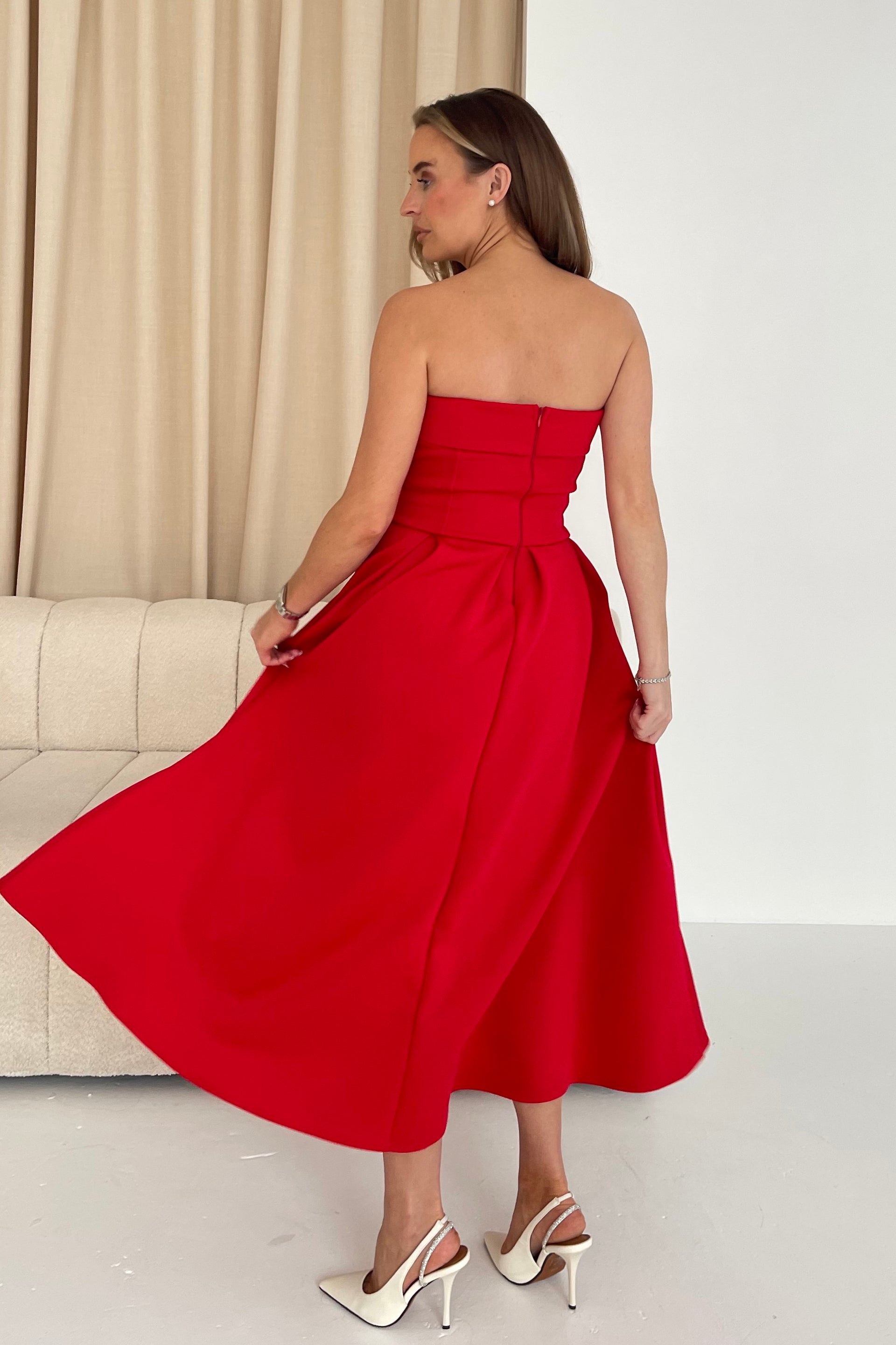 Danni Strapless Bandeau Midi Dress Red