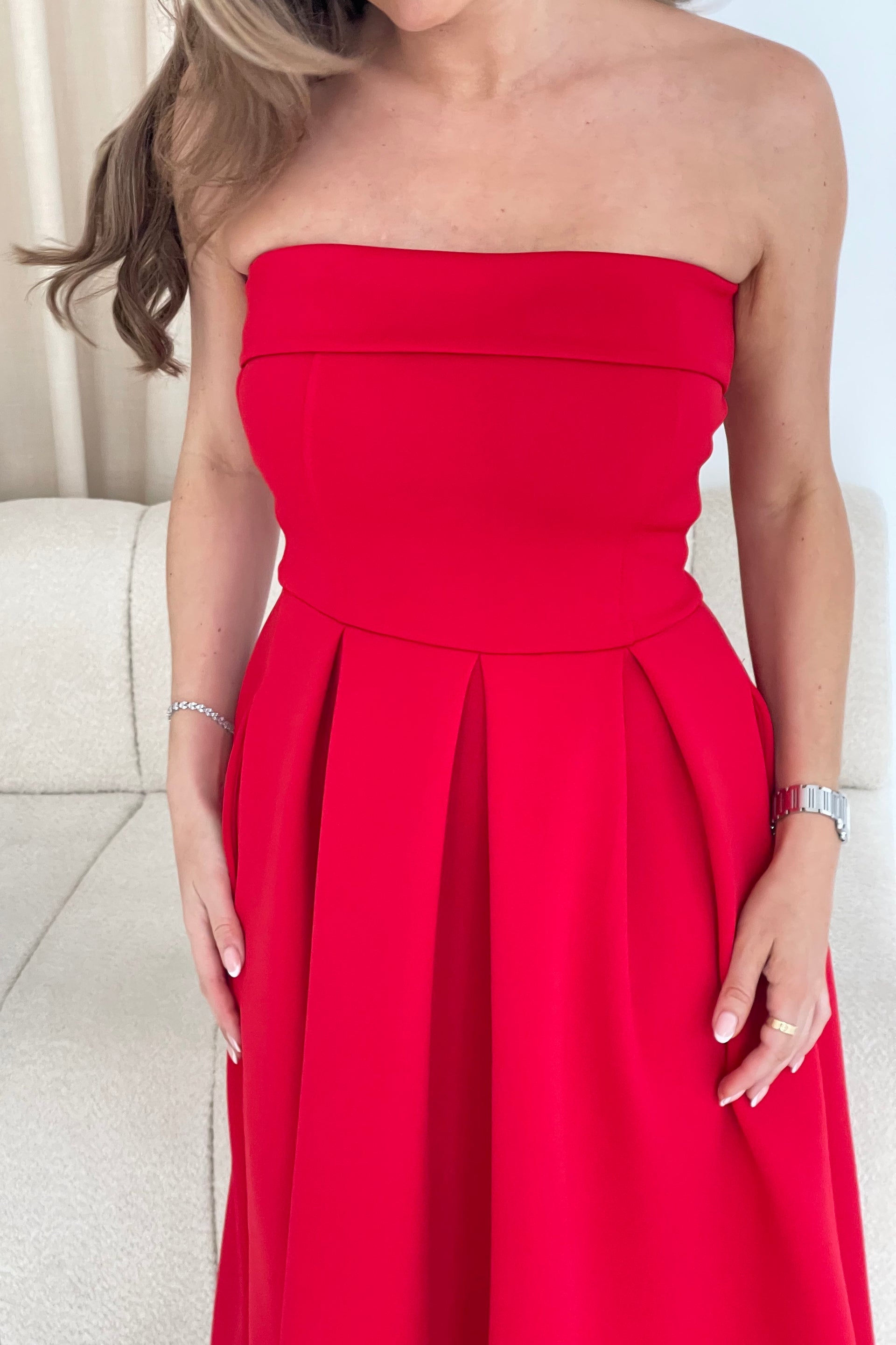 Danni Strapless Bandeau Midi Dress Red