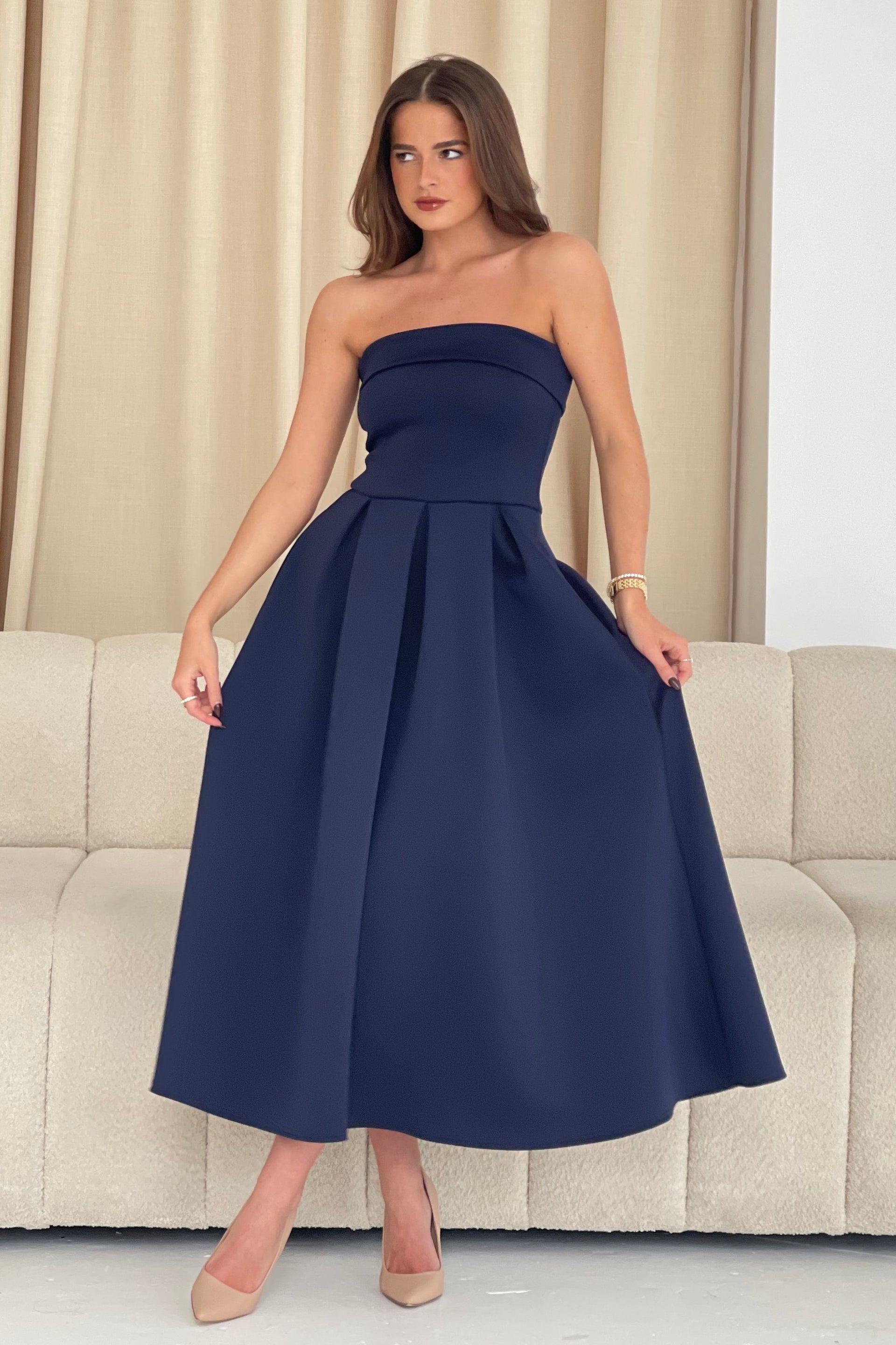 Danni Strapless Bandeau Midi Dress Navy